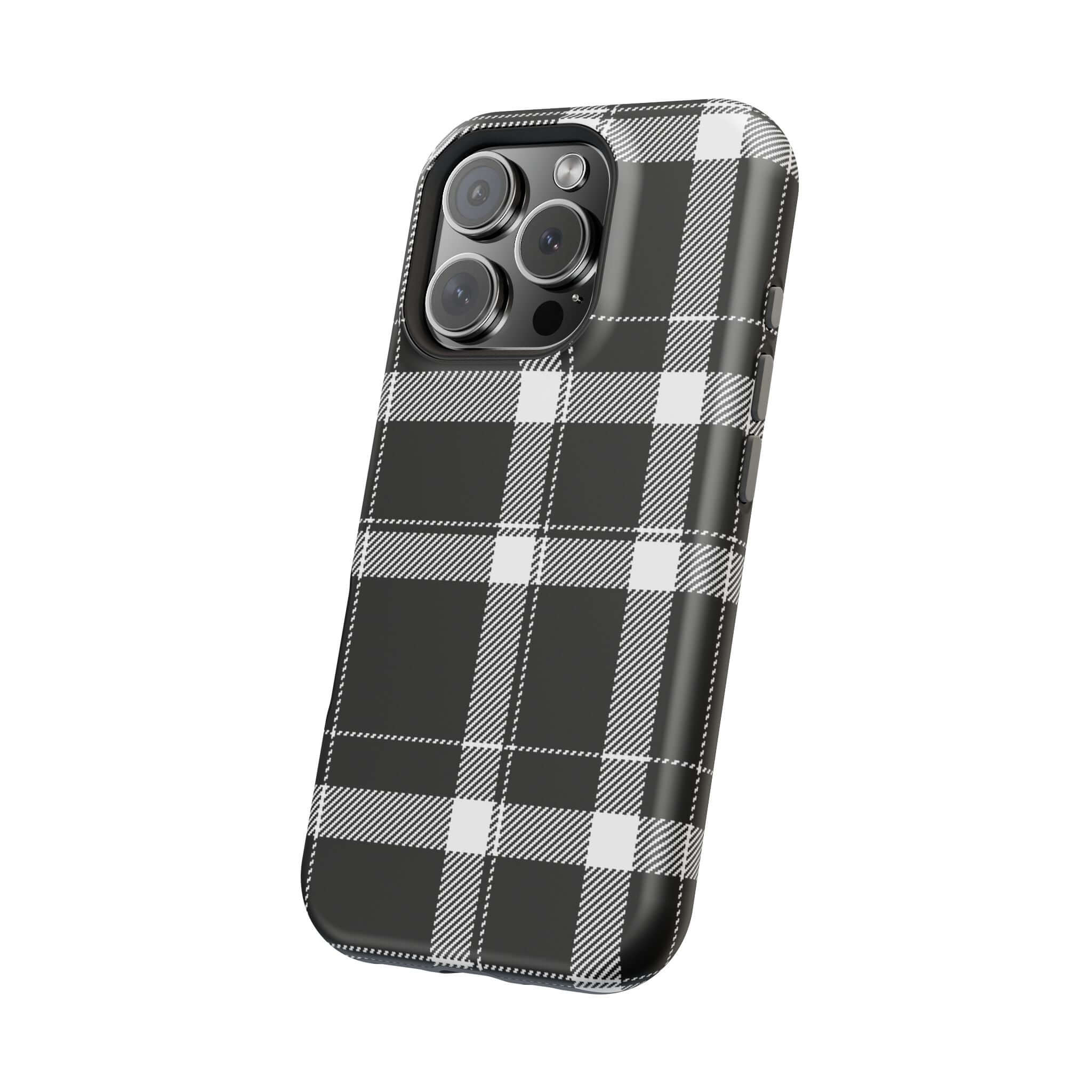 Stylish black plaid phone case for Apple iPhone, perfect cute phone cover to keep your device safe and chic!