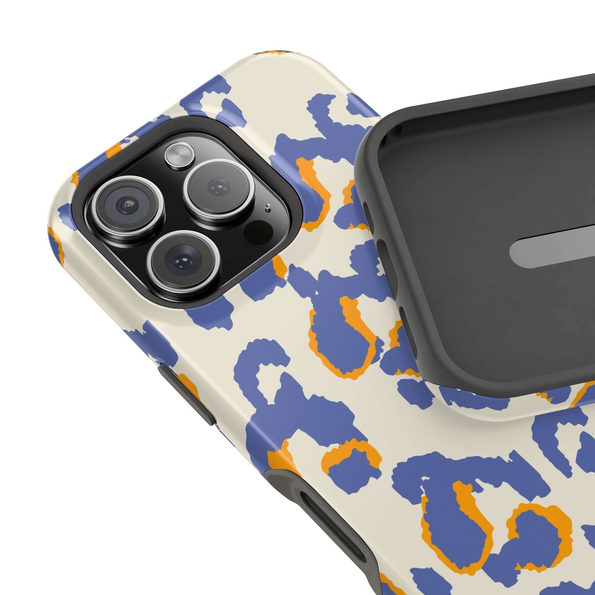 Blue leopard print iPhone case, colorful and cute MagSafe-compatible, abstract safari design for a wild and stylish look.