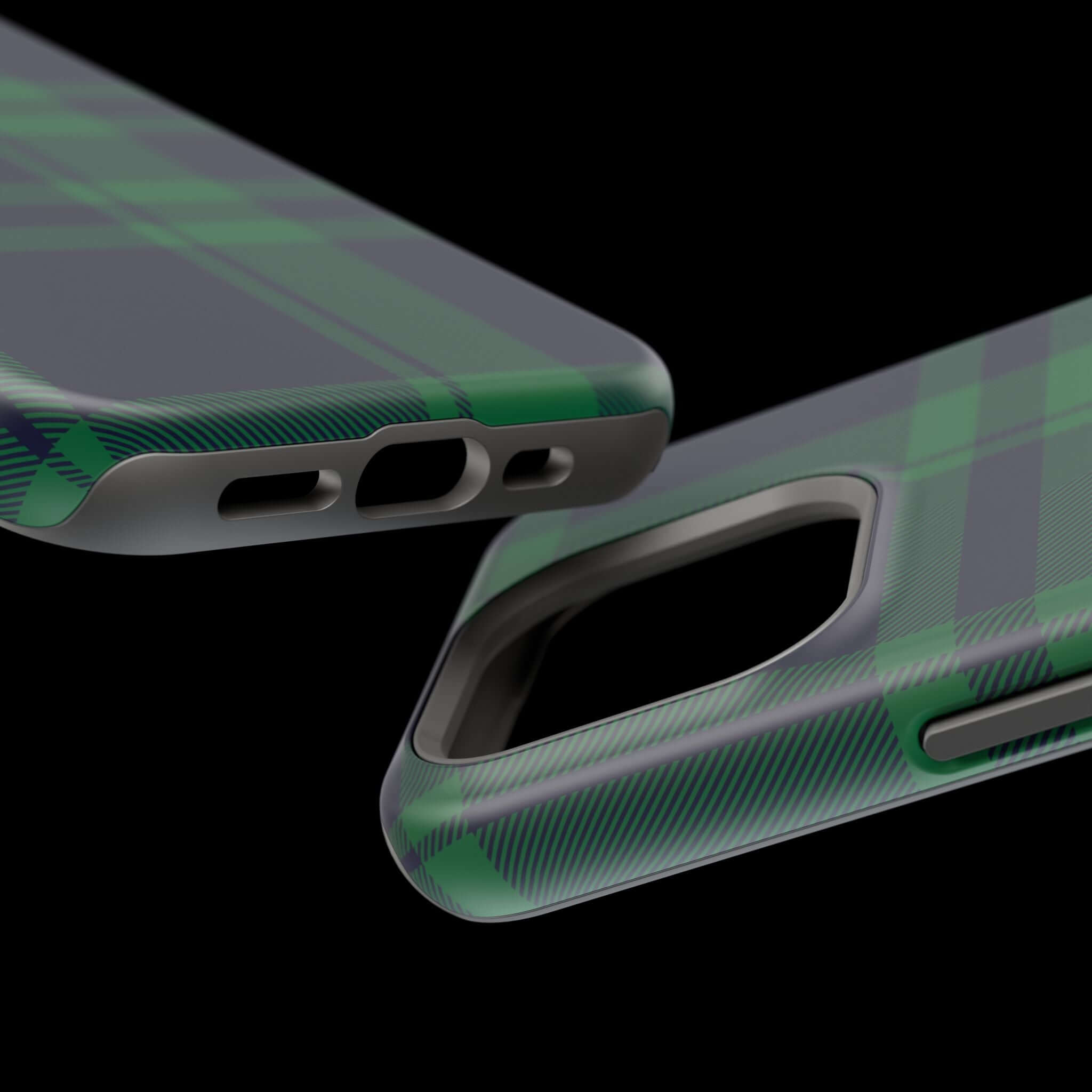 Festive Mistletoe Plaid MagSafe Case showcasing its cute green pattern and precise cutouts for iPhone access.