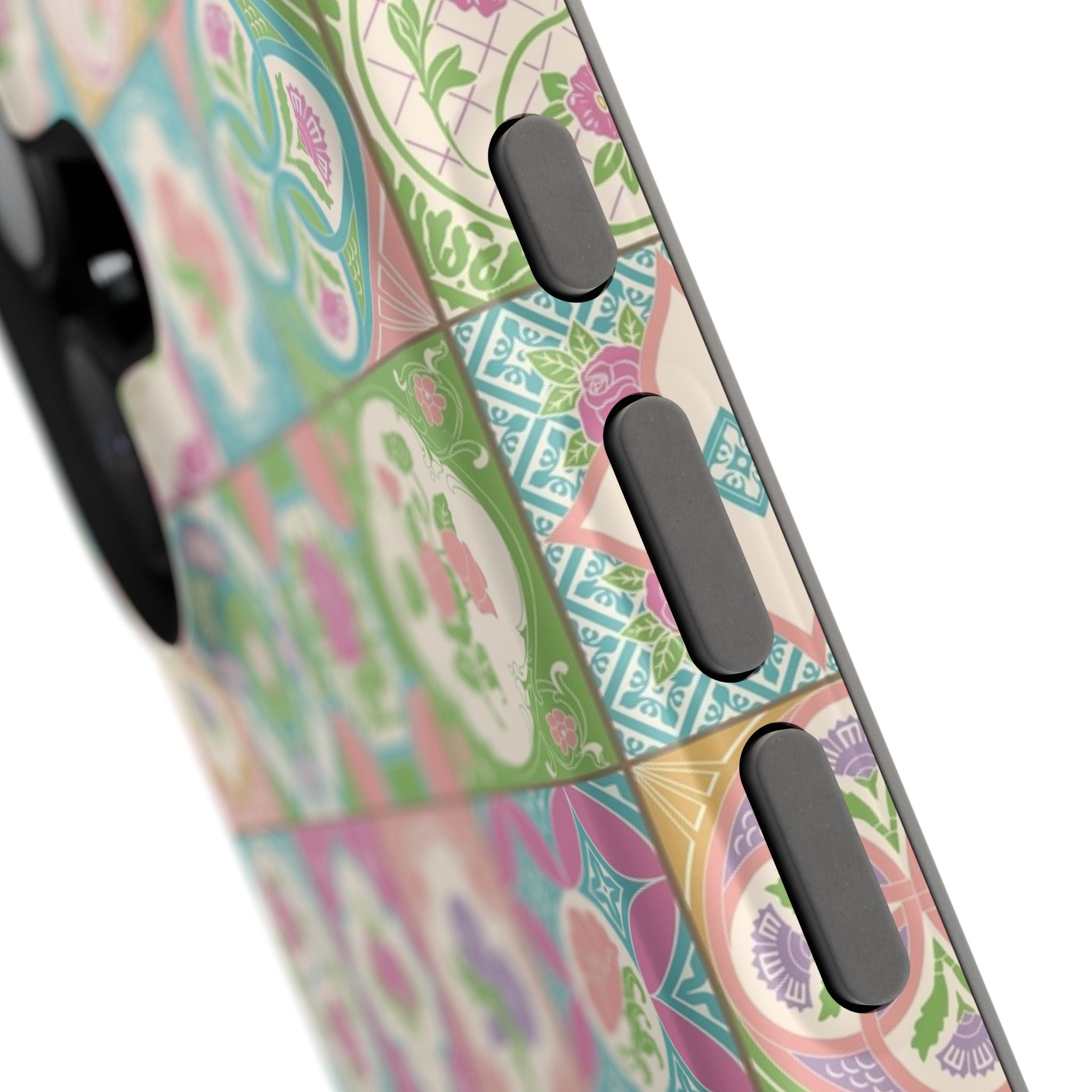 Cute phone cover with colorful Peranakan Bloom tile design for iPhone, showcasing the best phone case brand's whimsical style.