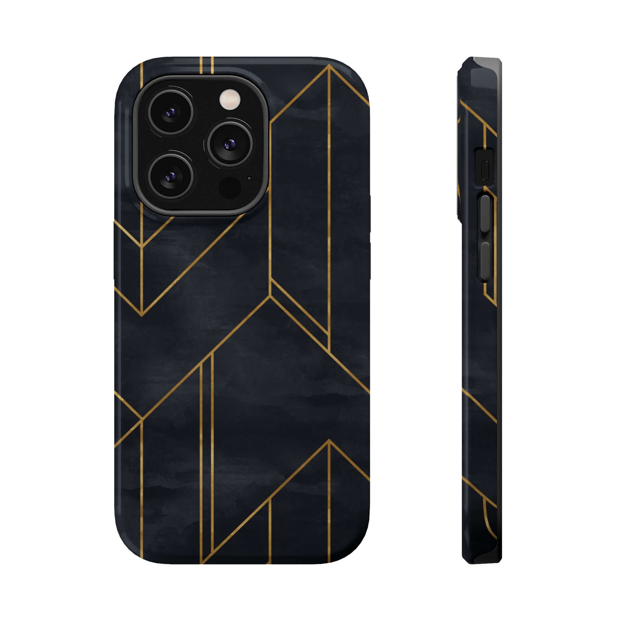 Modern geometric black iPhone case with gold lines, Urban Vibe design, offering sleek protection and urban style, cute and colorful.