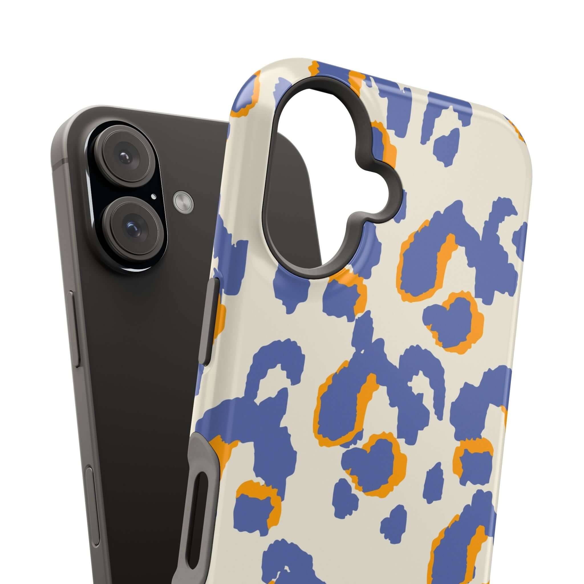 Blue leopard print MagSafe phone case on iPhone with abstract and colorful design, perfect for a cute and stylish look.