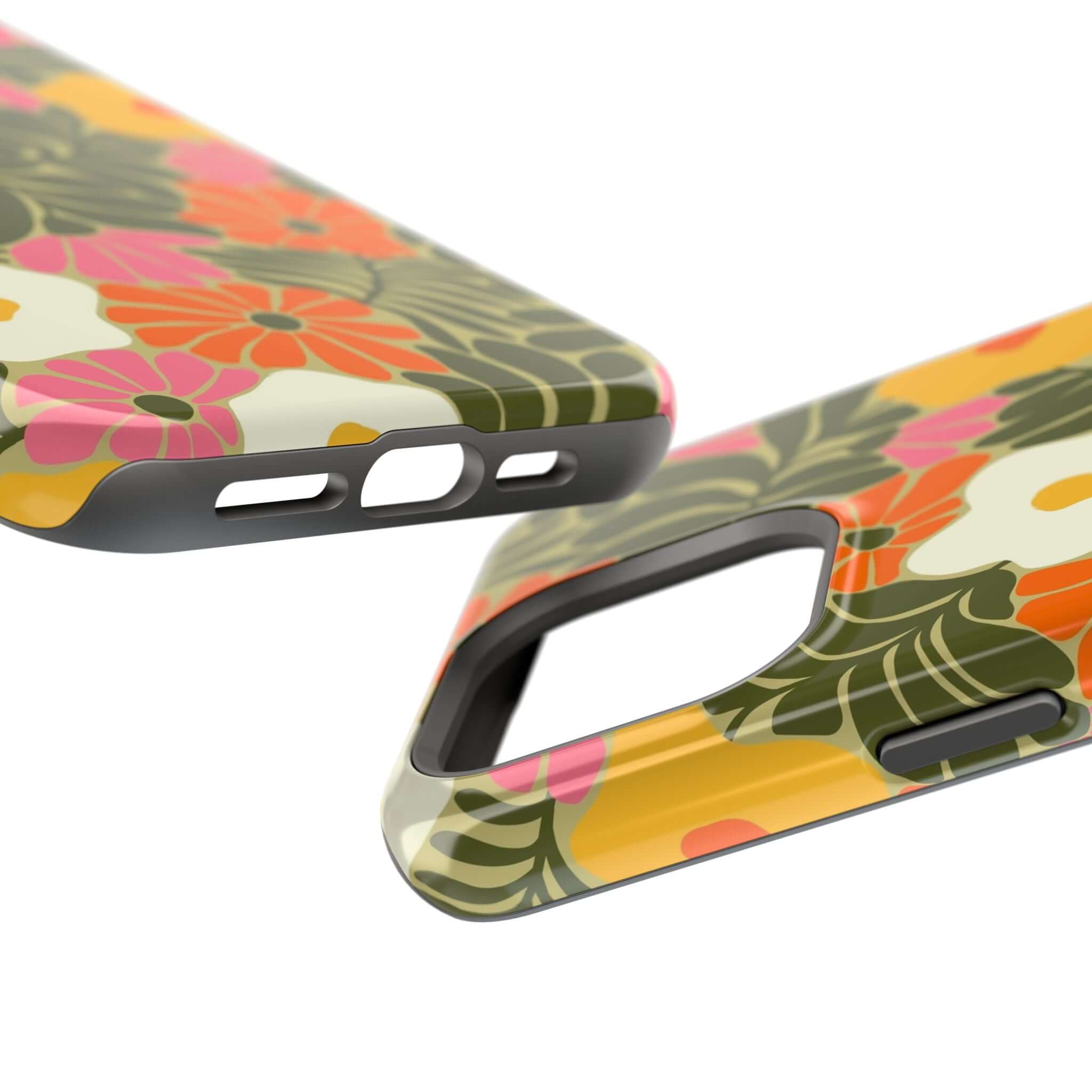 Retro beach vibes phone case with colorful floral design, perfect cute cover for Apple iPhone, showing MagSafe compatibility.