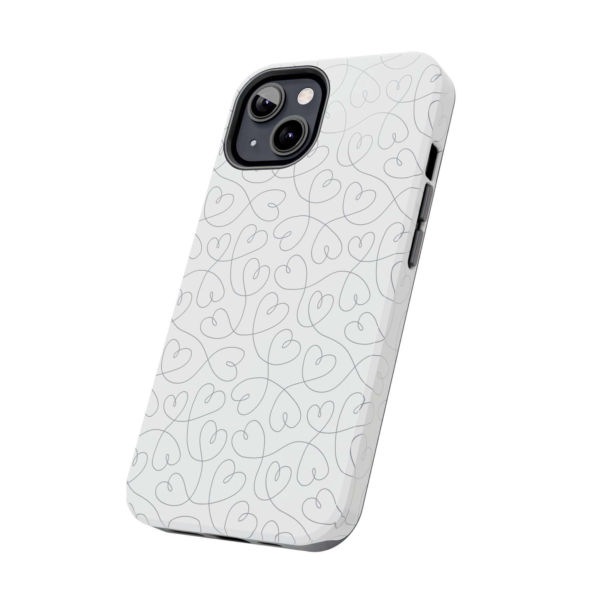 Silver Hearts Romance iPhone 14 Pro Max Case with abstract heart design, ideal for brides and weddings. Cute stylish phone case.