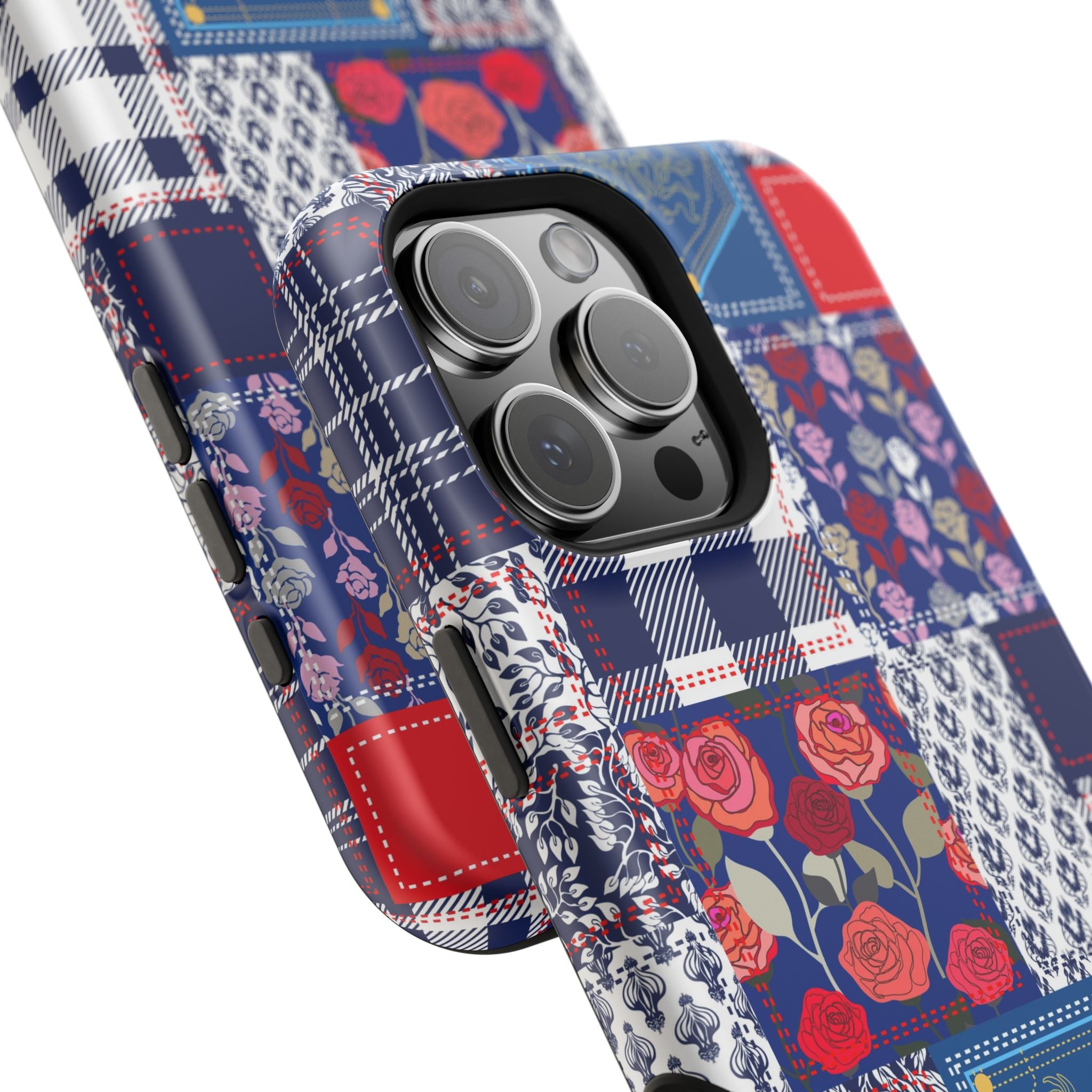 Crimson Bloom | Blue Patchwork Case