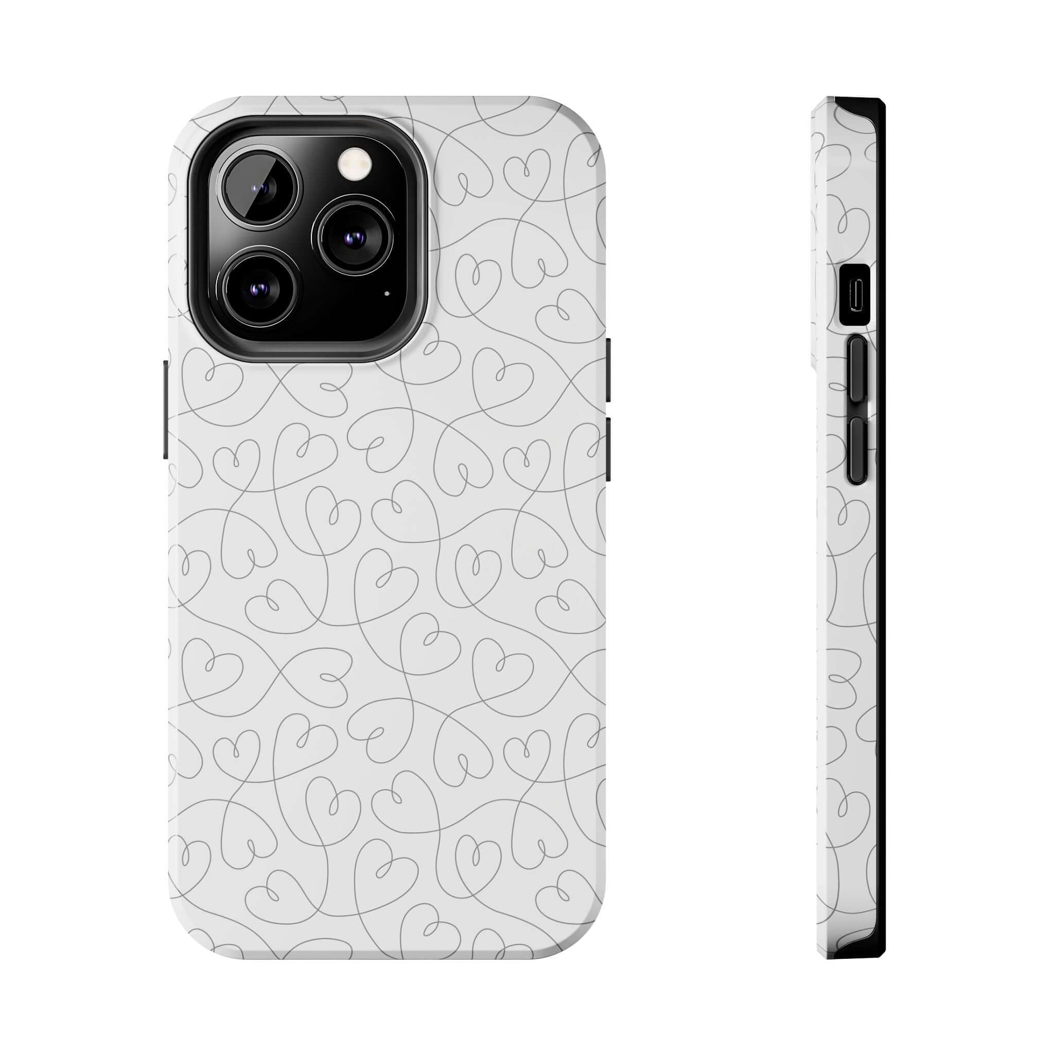 Silver Hearts Romance phone case for iPhone 14 Pro Max featuring cute abstract hearts on a silver background, perfect for brides and weddings