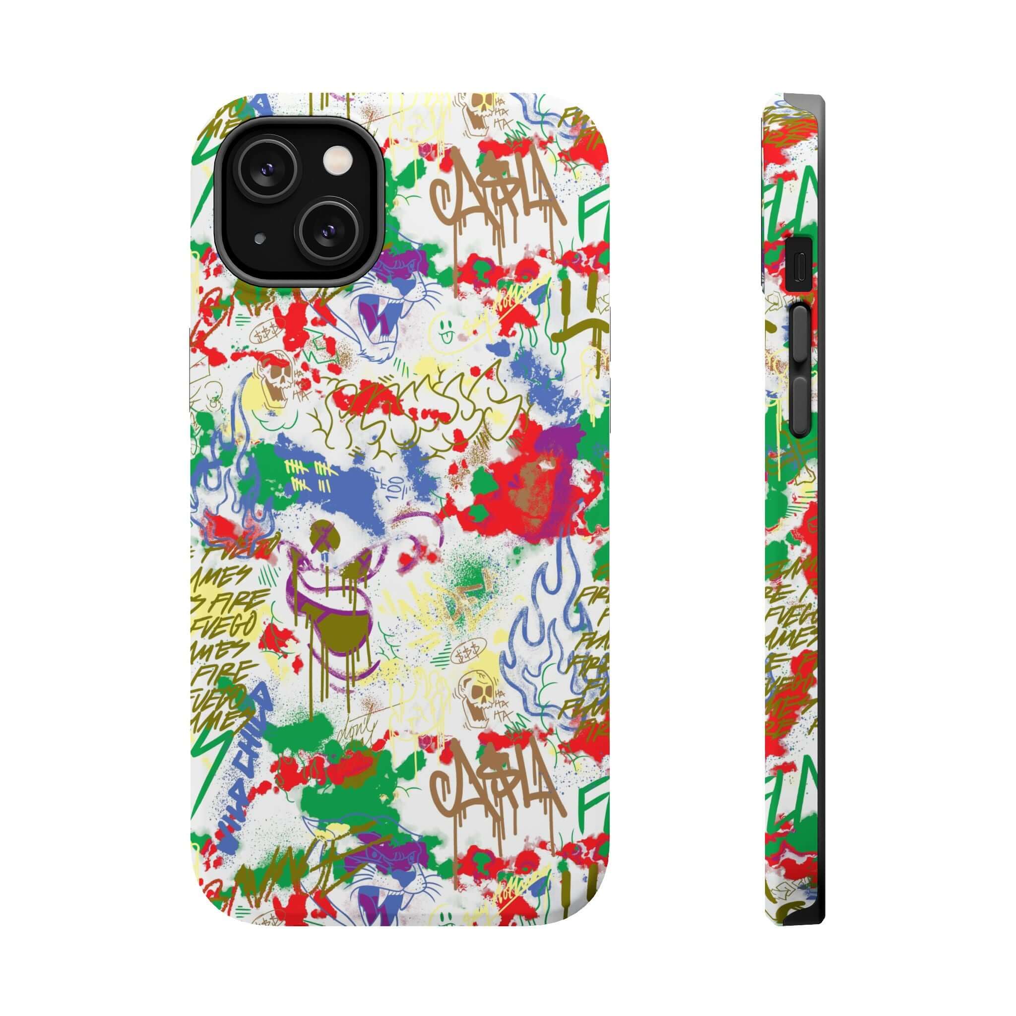 Cute phone cover featuring vibrant street art and graffiti design, perfect for iPhone protection and style.