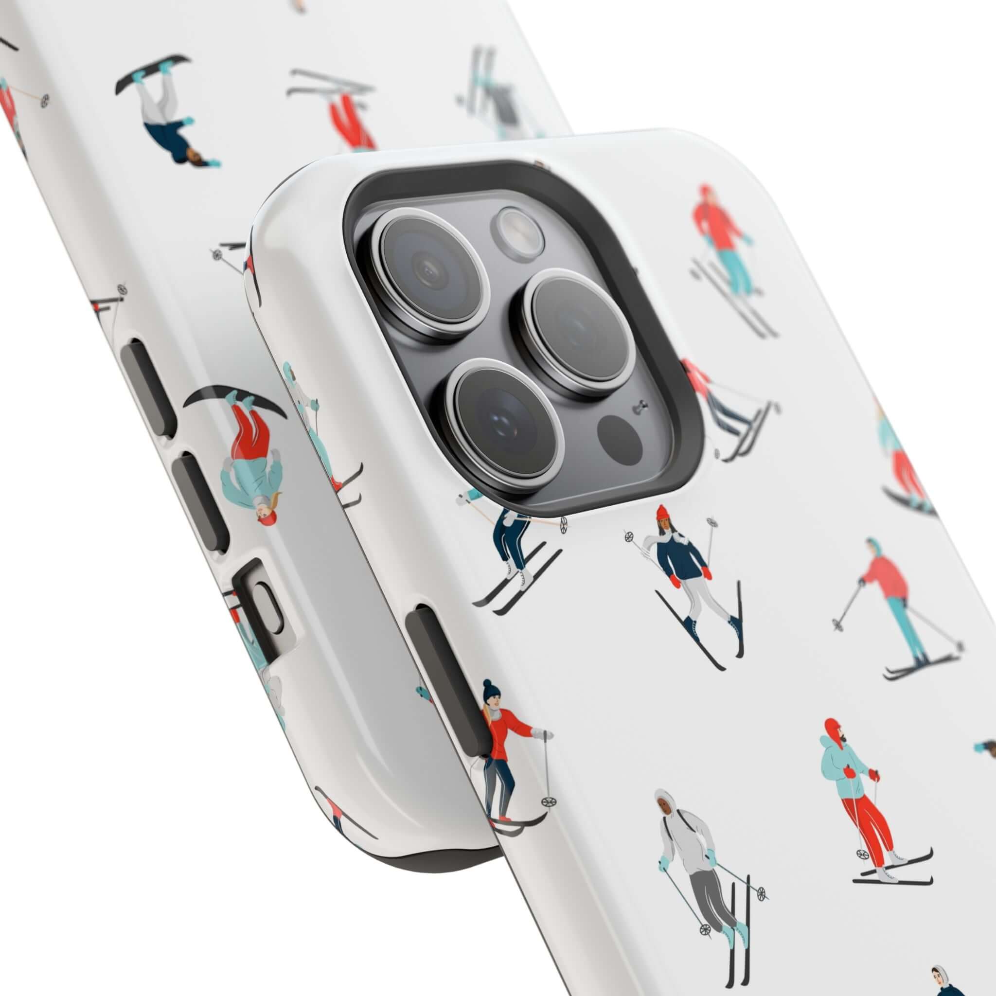 Cute phone cover with a snowy skiing design, perfect for winter sports iPhone cases and MagSafe compatible.