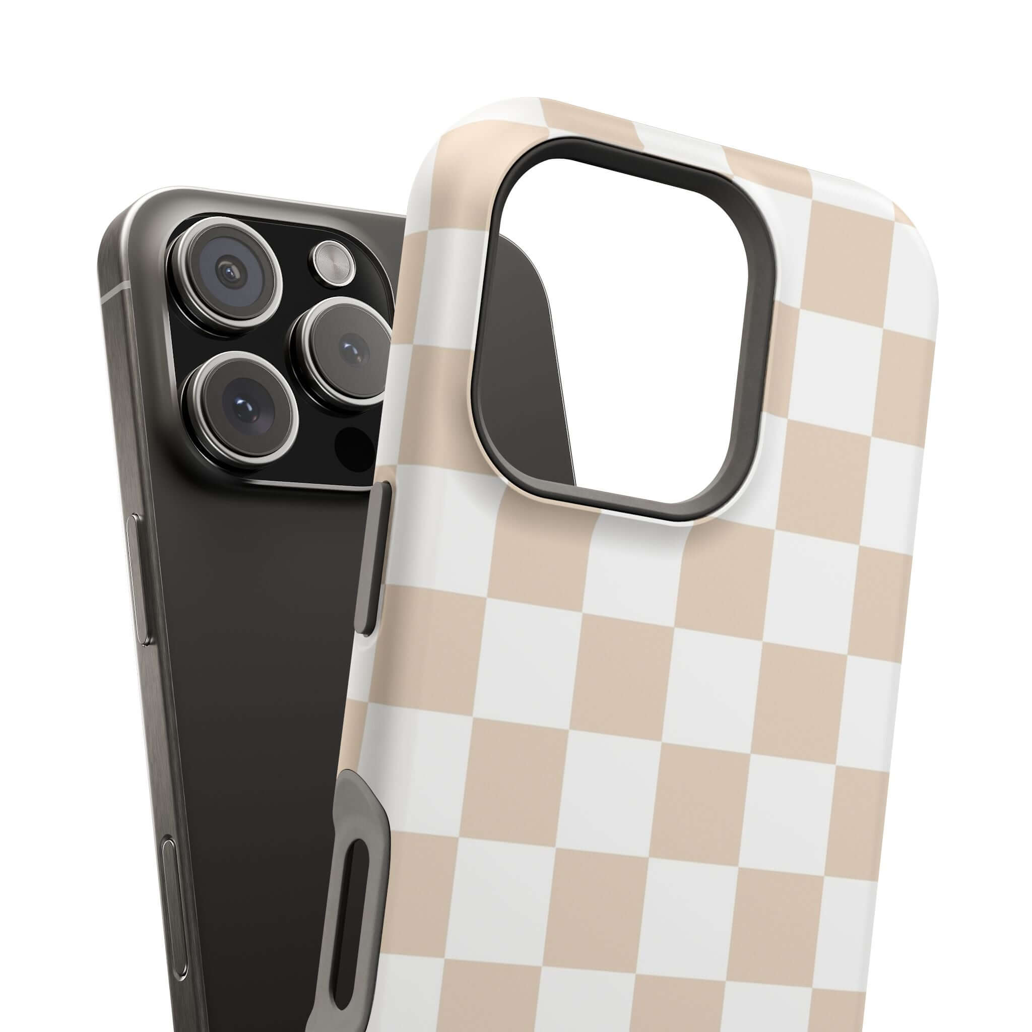 Cream checkered MagSafe iPhone 16 case with beige classic checkered print, cute protective phone case.