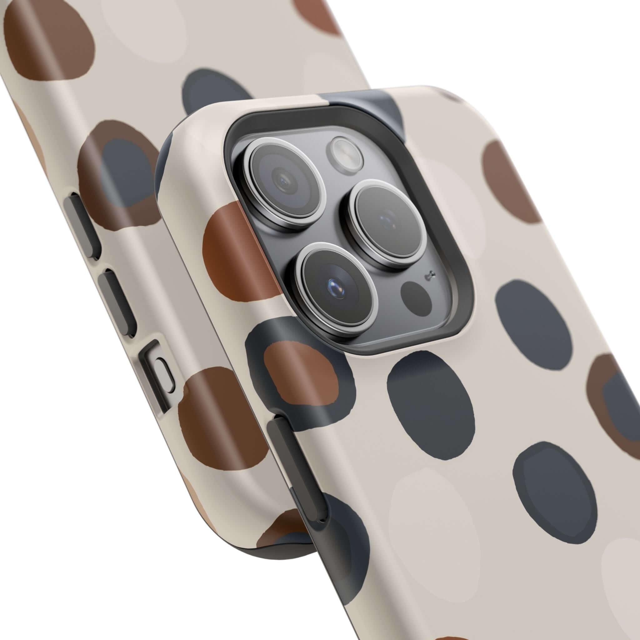 Chic Wanderer Modern Spots Case for iPhone with colorful abstract design, featuring playful brown and black spots for a cute look.