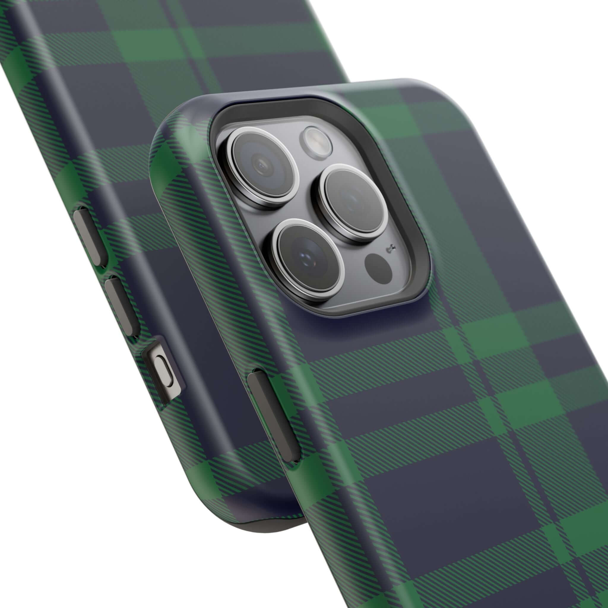 Mistletoe Plaid MagSafe Case for iPhone, featuring a festive green plaid pattern for a cute phone cover.