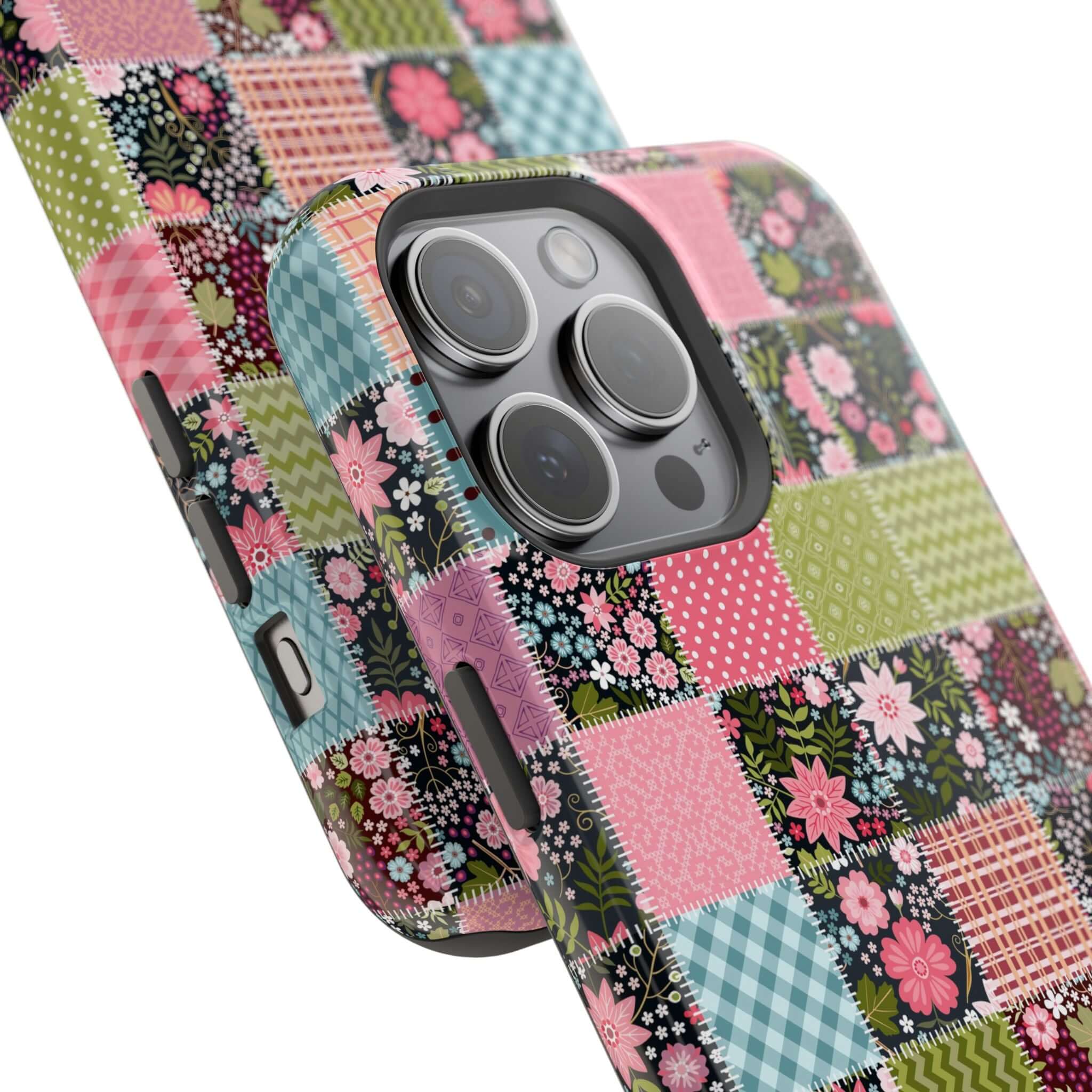 Floral MagSafe iPhone Case with wildflower patchwork design, showcasing a cute and vibrant phone cover for free-spirited souls.