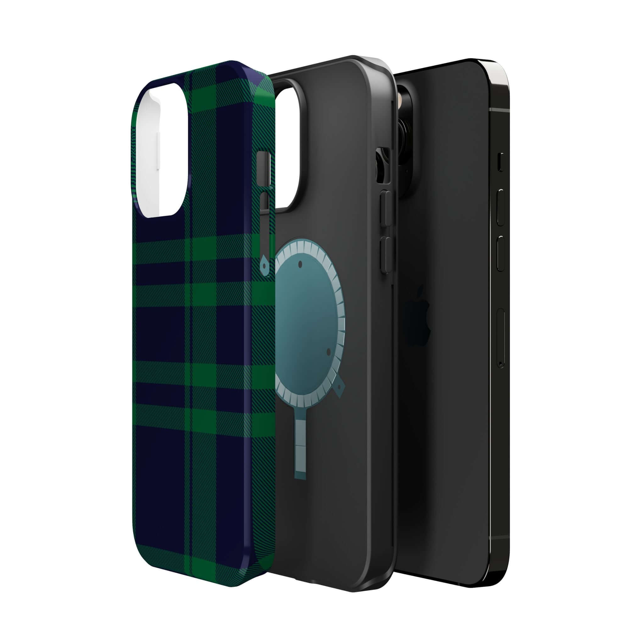 Mistletoe Plaid MagSafe case in green plaid design, showcasing a cute phone cover for iPhone protection.