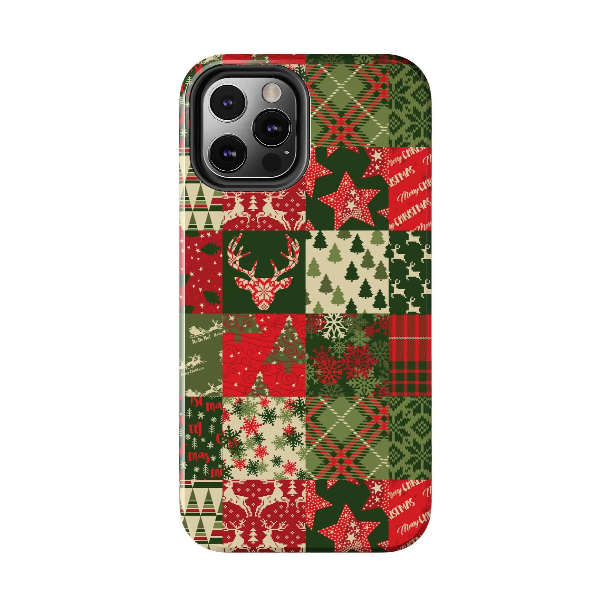 Green holiday phone case with Christmas patchwork design, featuring trees, reindeer, and snowflakes. Cute iPhone case for the season.