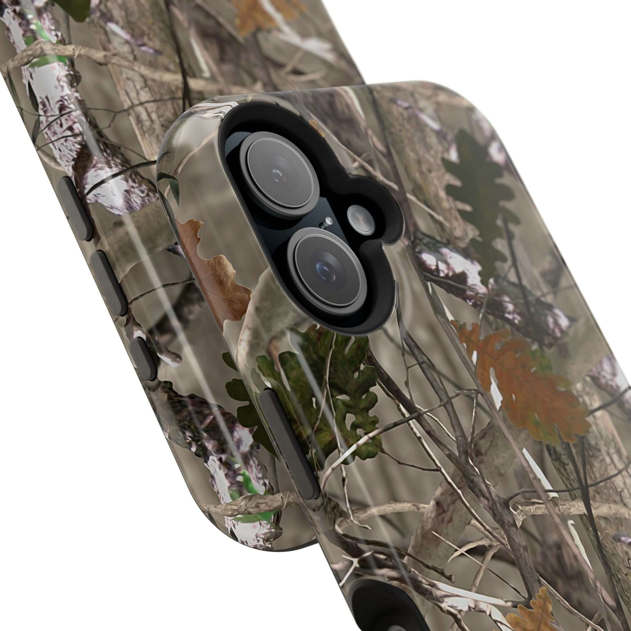 Forest camo MagSafe iPhone case with animal print, offering stylish protection for modern phone users.