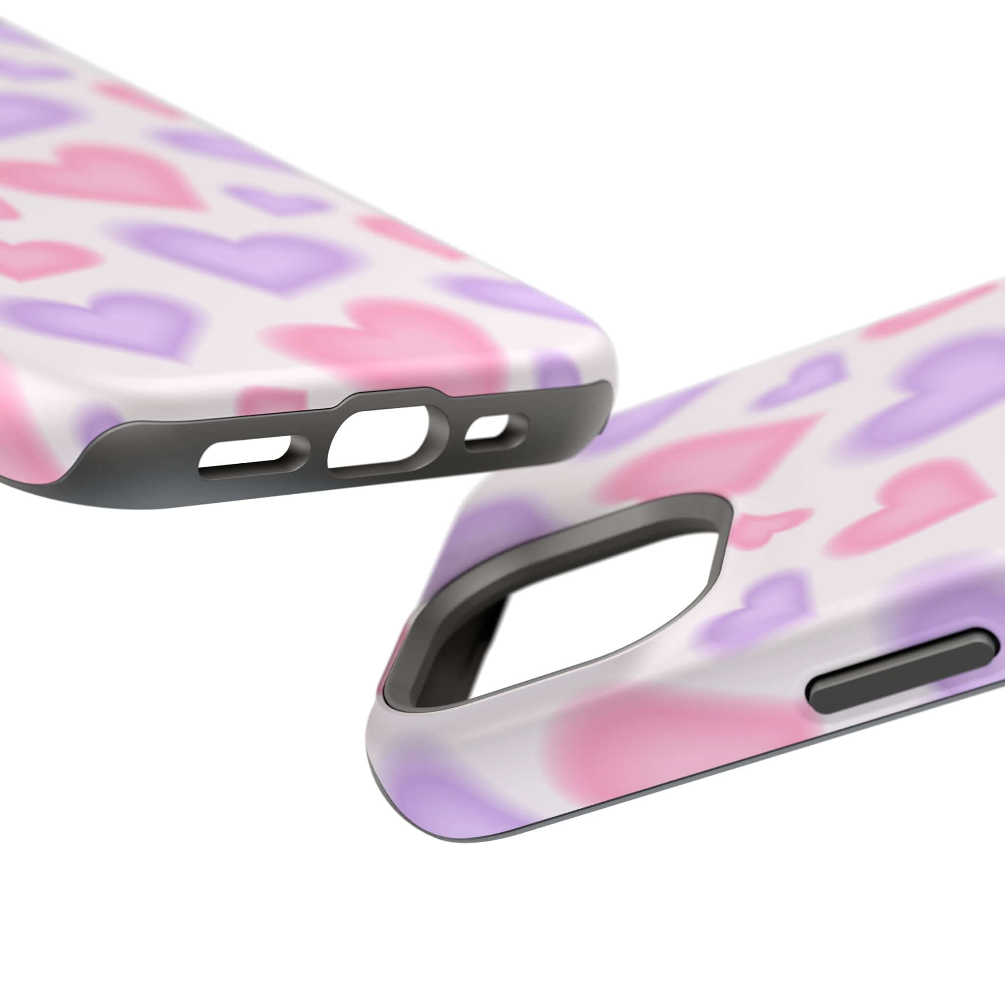 Cute iPhone case with pink and purple hearts design, perfect for adding love and style to your phone, featuring MagSafe technology.