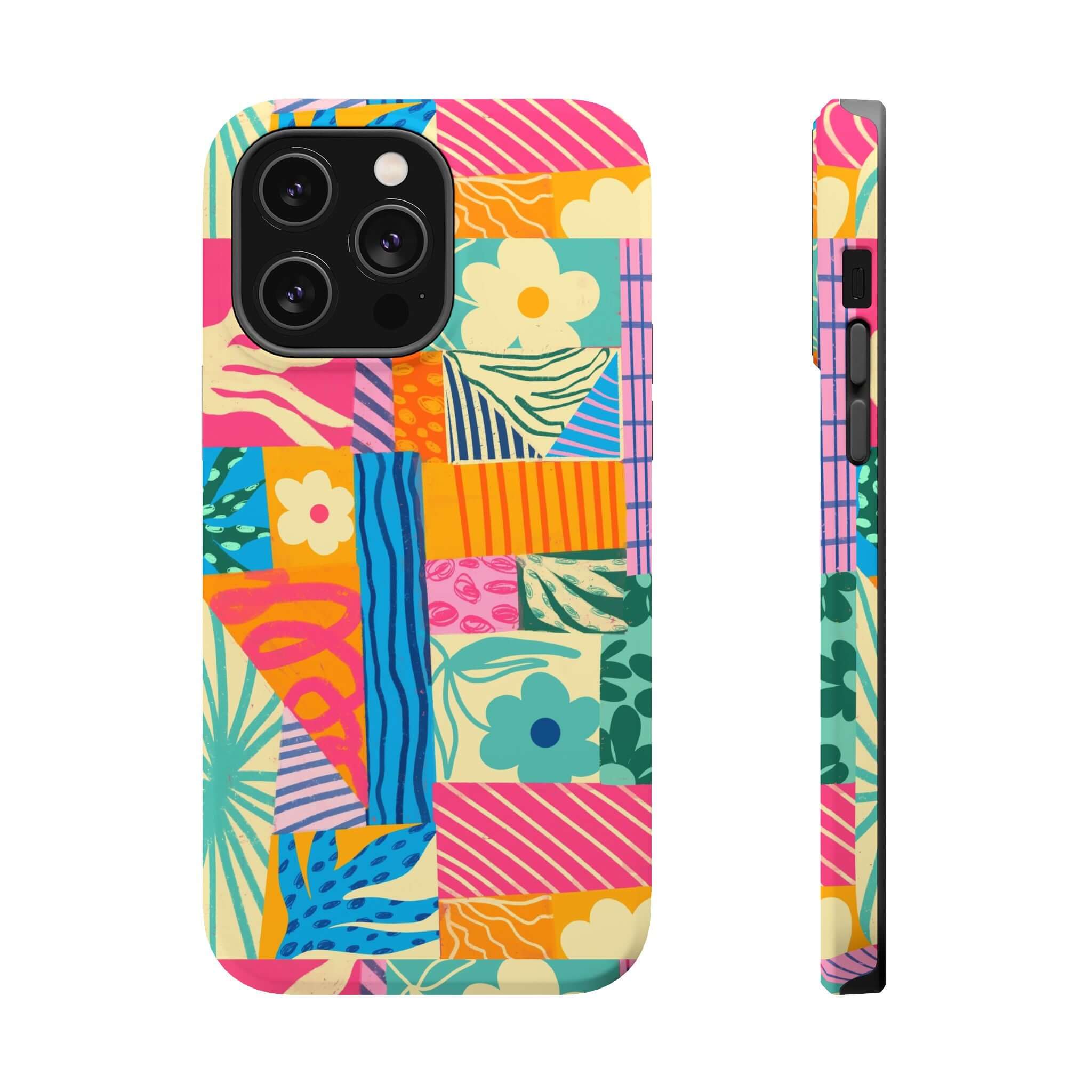 Colorful patchwork iPhone 16 case with tropical design, perfect for beach lovers seeking a cute phone case to enhance their style.