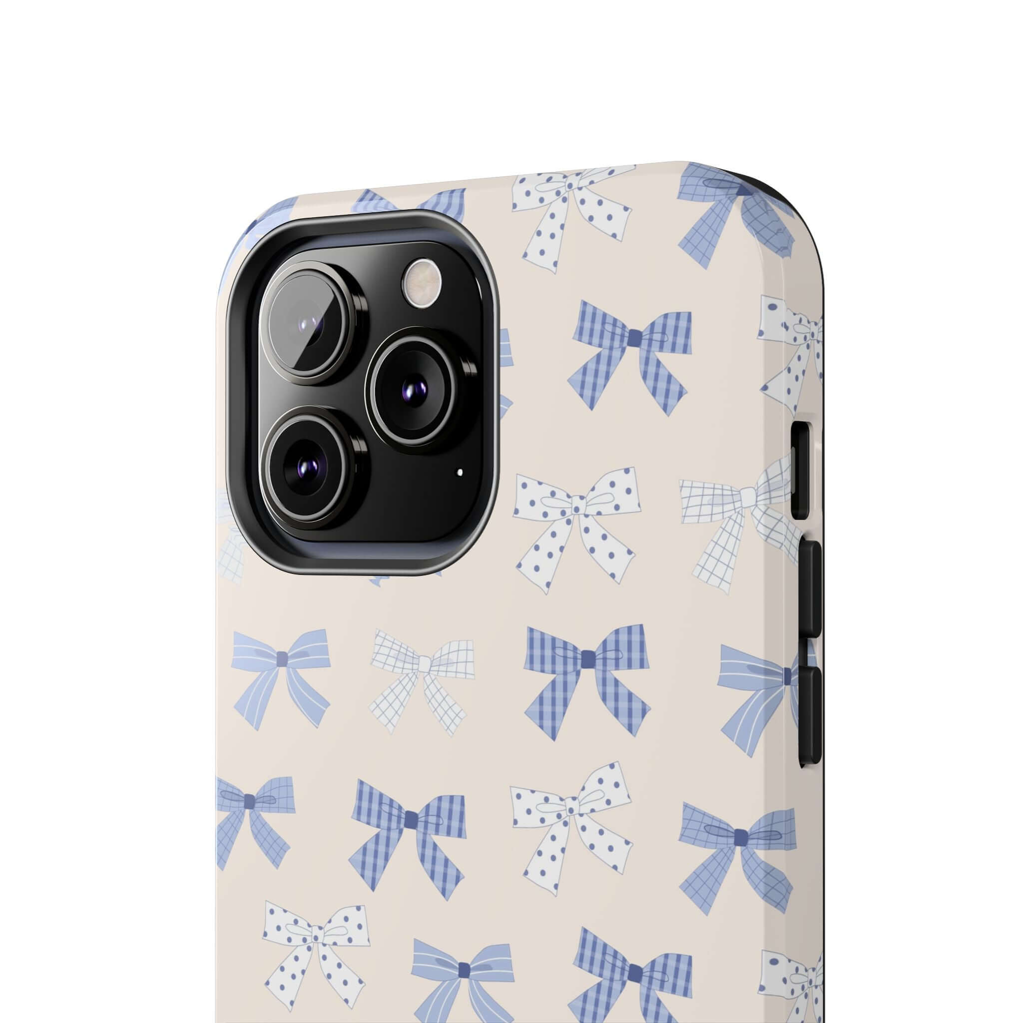 Cute phone case for iPhone 16 with blue bows, perfect for bride-to-be's playful style, offering protection and chic design.