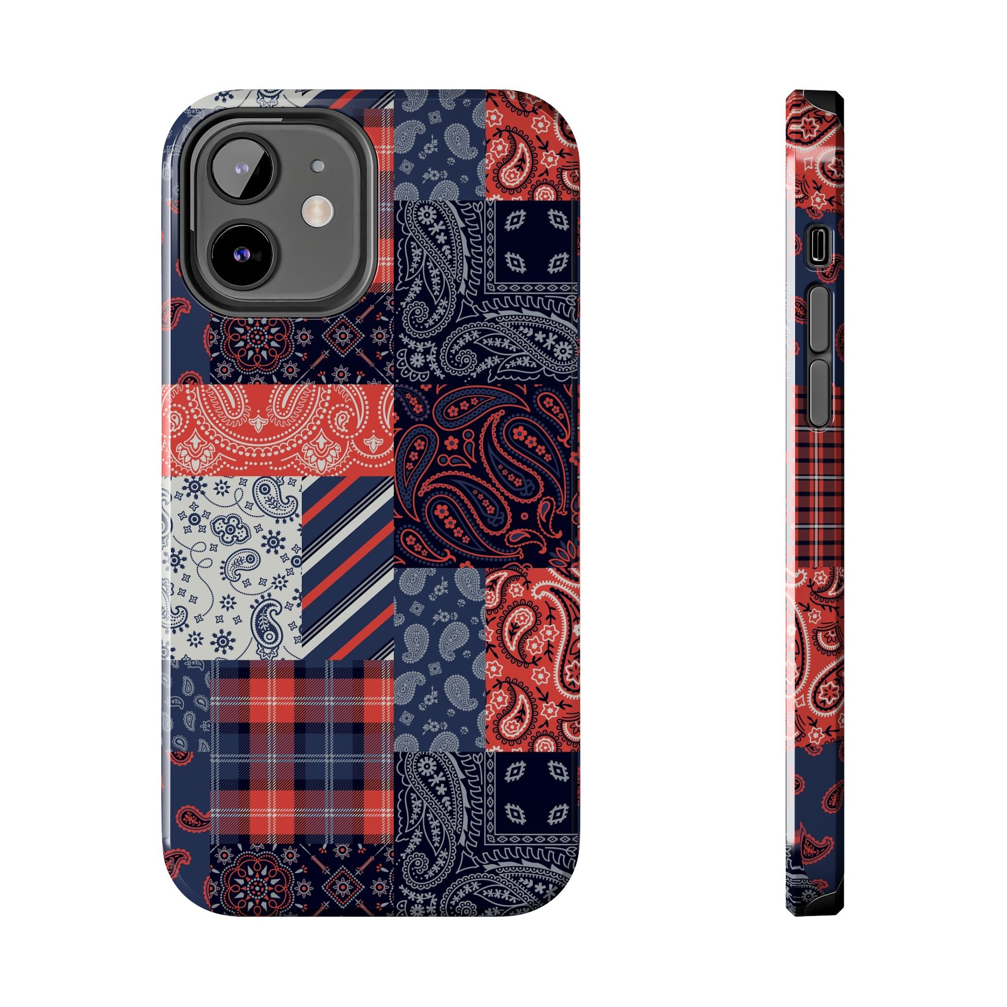 Boho Bandit Bandana Patchwork Case for iPhone 14 Pro, Cute and Bookish Phone Case with patchwork design, side and back view