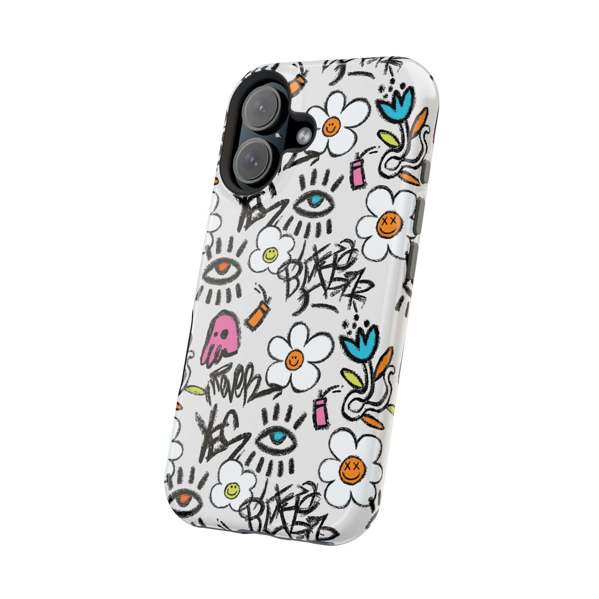 Cute phone cover featuring colorful floral graffiti design, perfect for iPhone lovers looking for a vibrant case.