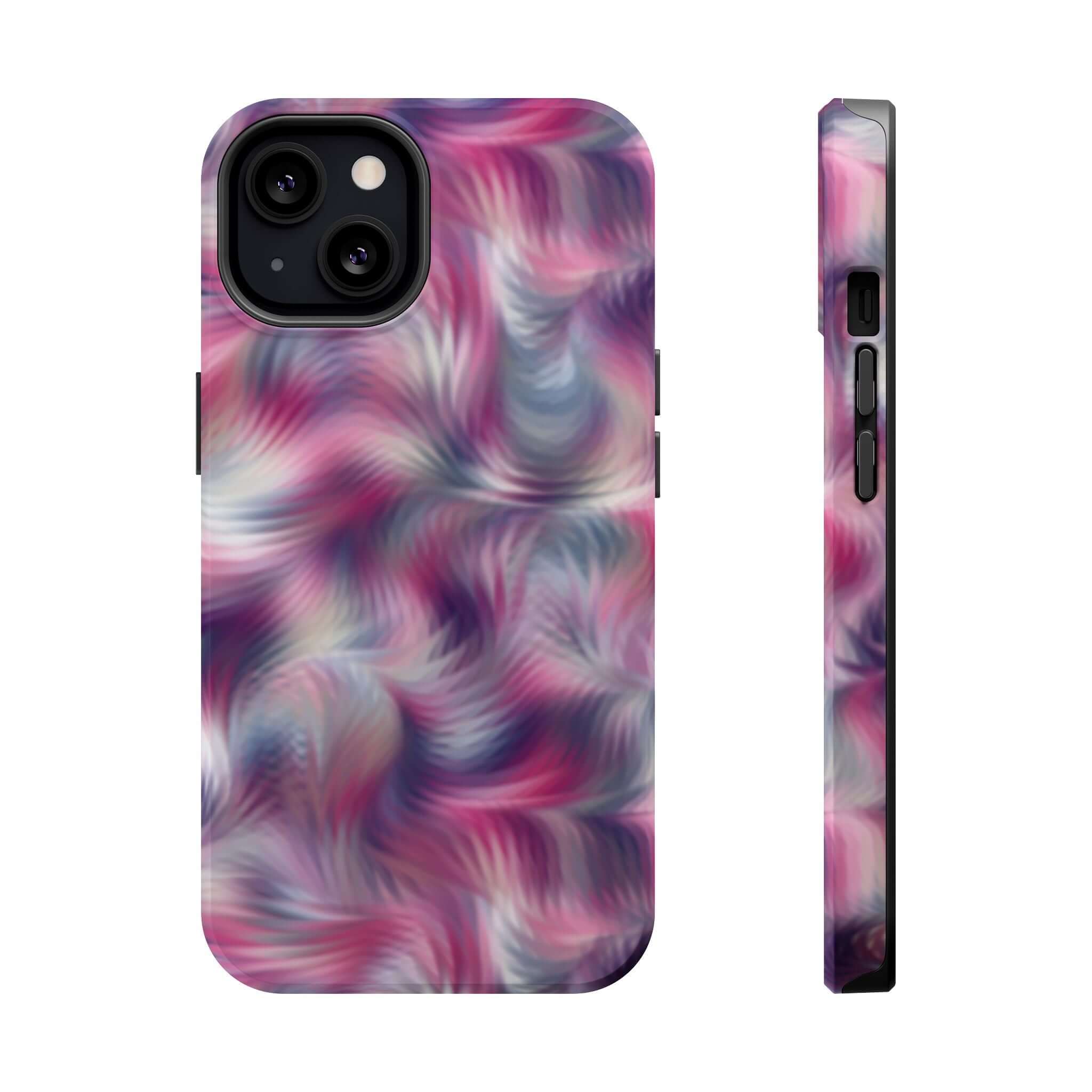 Losing Sight Purple Abstract MagSafe iPhone Case with a tie dye swirl design, a cute phone cover showcasing a floral pattern.