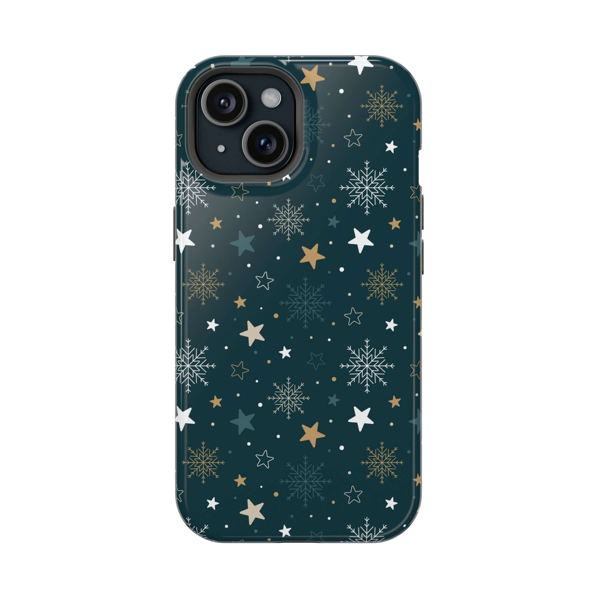 Frosted Wishes MagSafe Christmas phone case with snowflakes and stars, holiday design, cute and festive accessory.