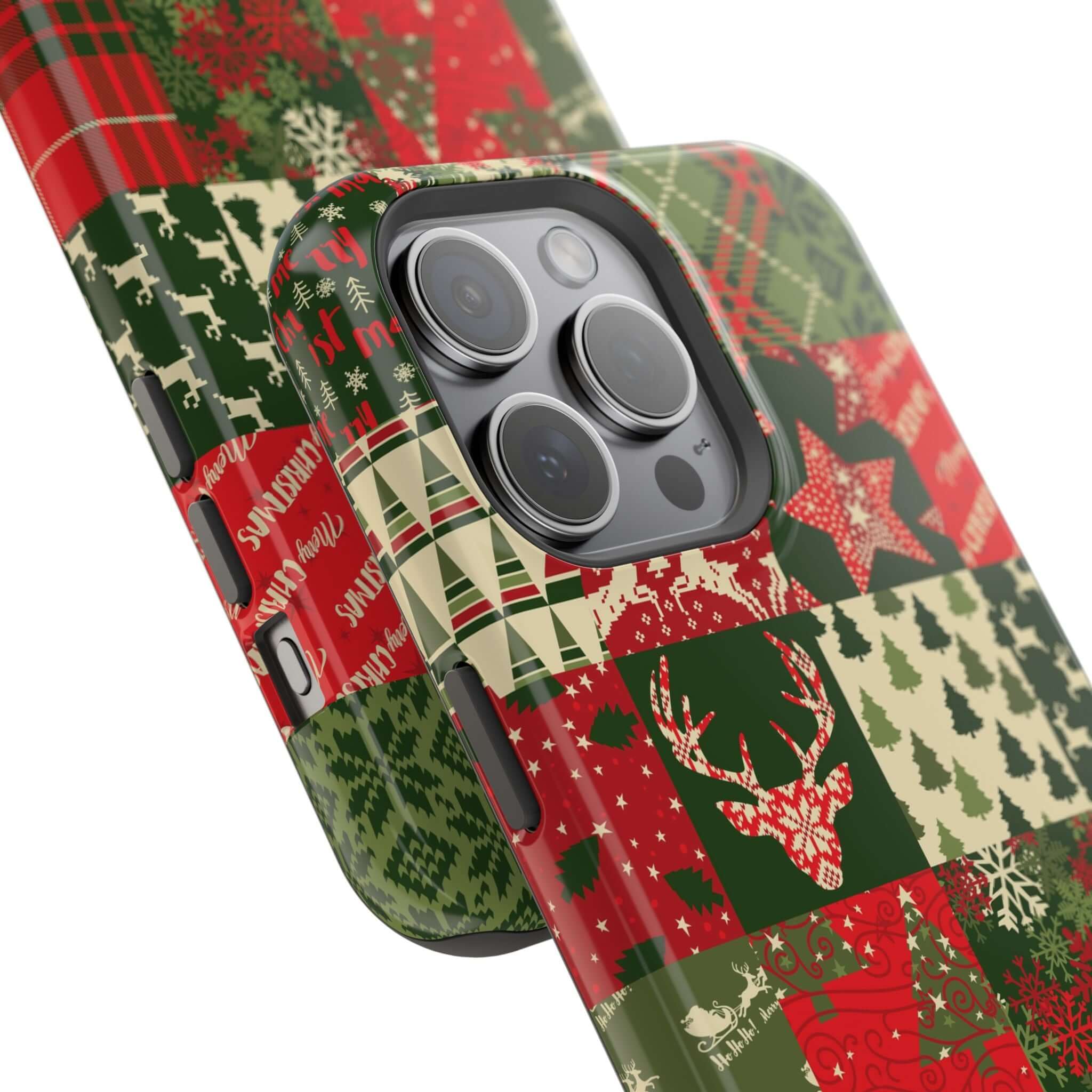 Cozy Quiltmas MagSafe case with festive Christmas design in red, green, and cream, featuring reindeer and trees, for holiday cheer.