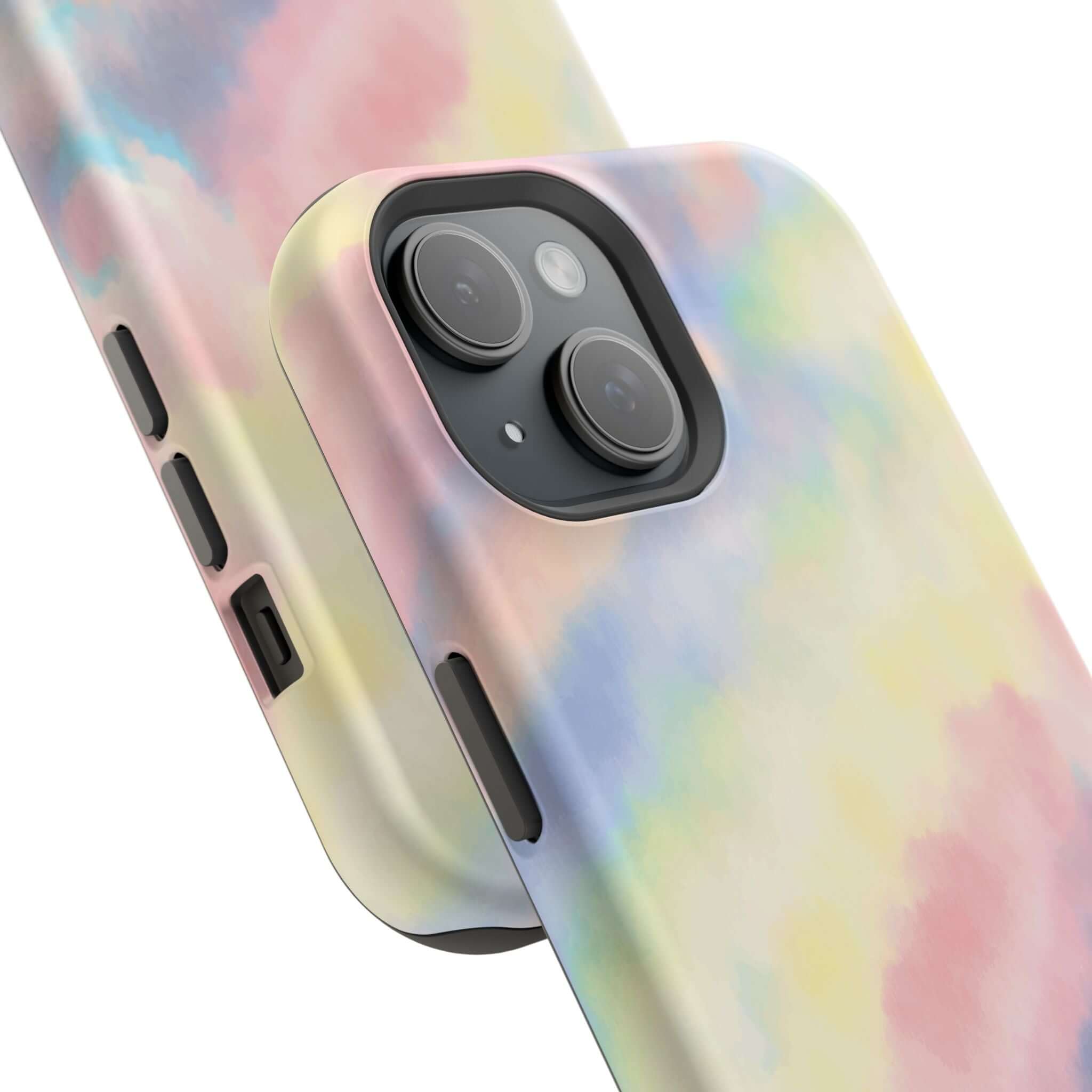 Pastel tie dye iPhone case with MagSafe compatibility, featuring a cute and colorful unicorn design. Perfect custom phone case.