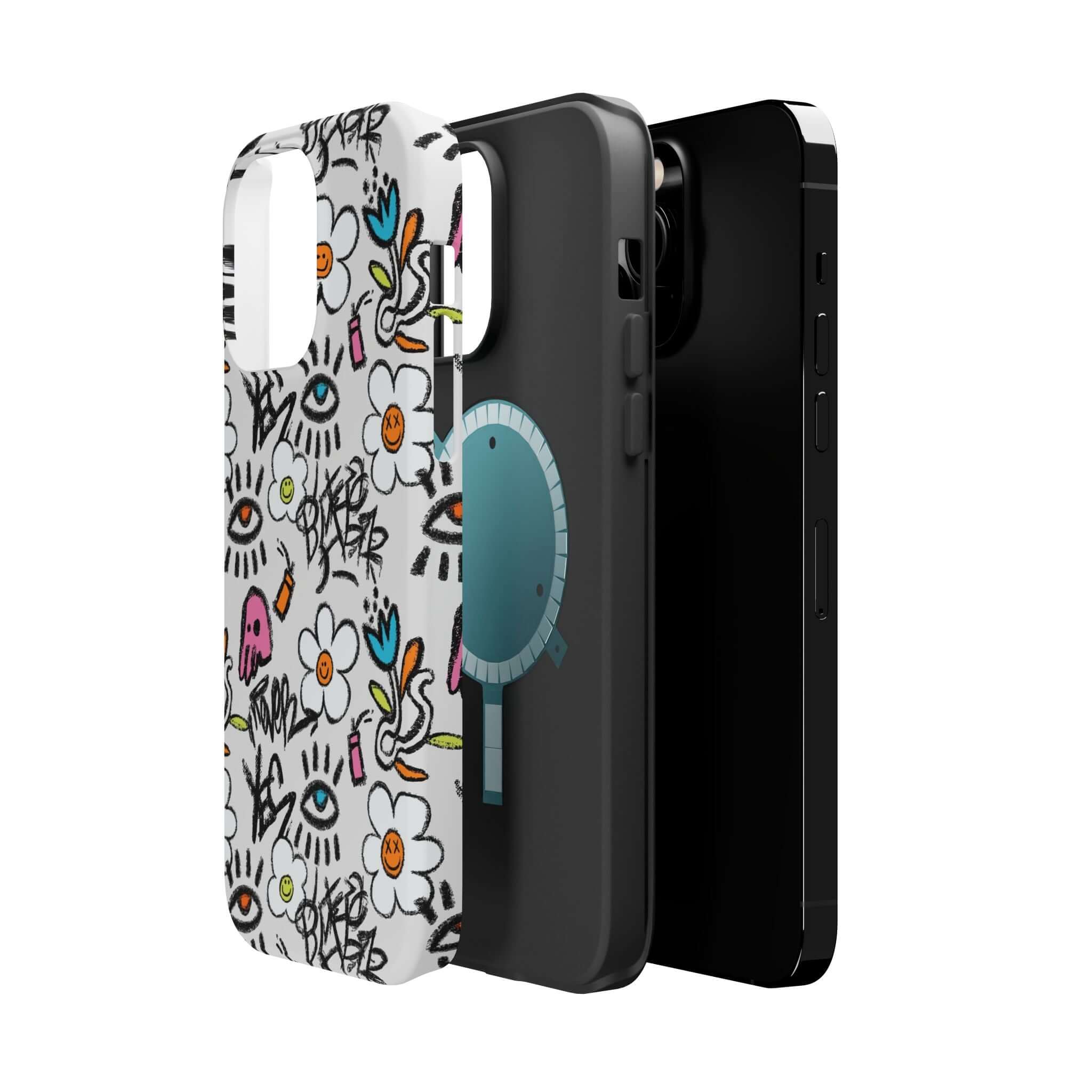 Colorful Happy Chaos Floral Graffiti Case for iPhone, showcasing cute designs and MagSafe compatibility. Perfect phone cover!