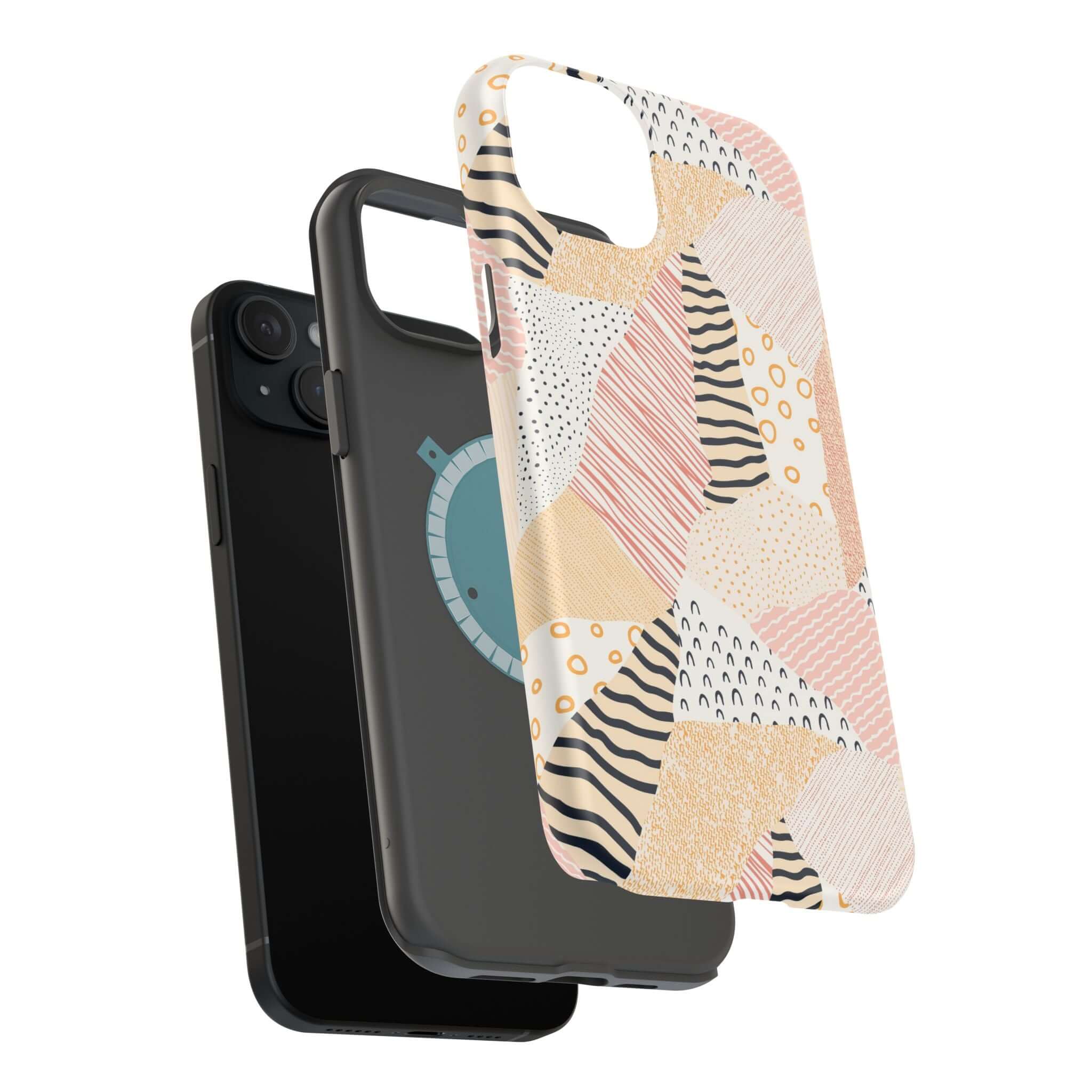 Colorful pastel patchwork phone case for iPhone 16 with cute design and vibrant peach shades, adds fun to your device.