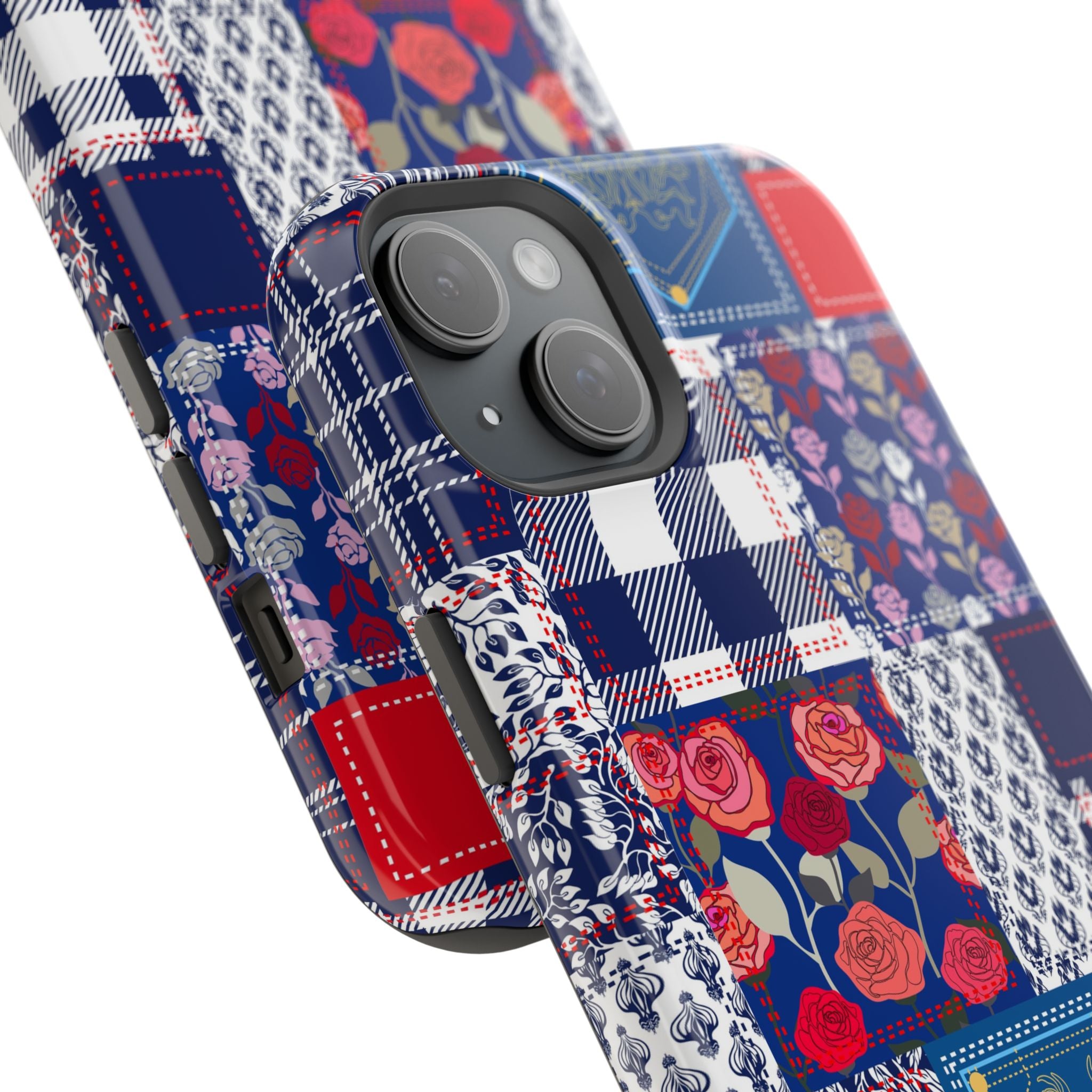 Crimson Bloom | Blue Patchwork Case