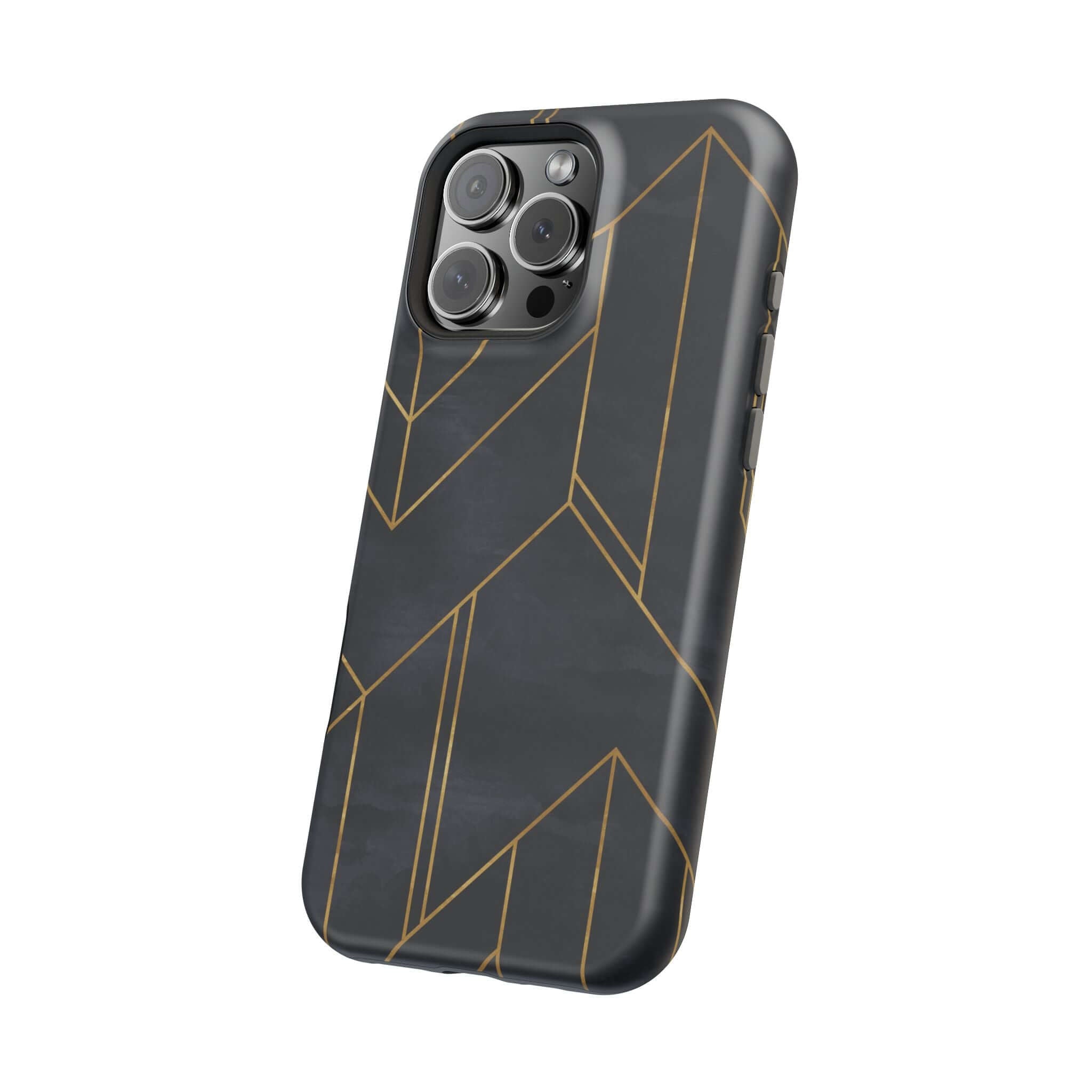 Modern black geometric iPhone case with gold lines, Urban Vibe stylish protection. Colorful, cute, abstract phone accessory.