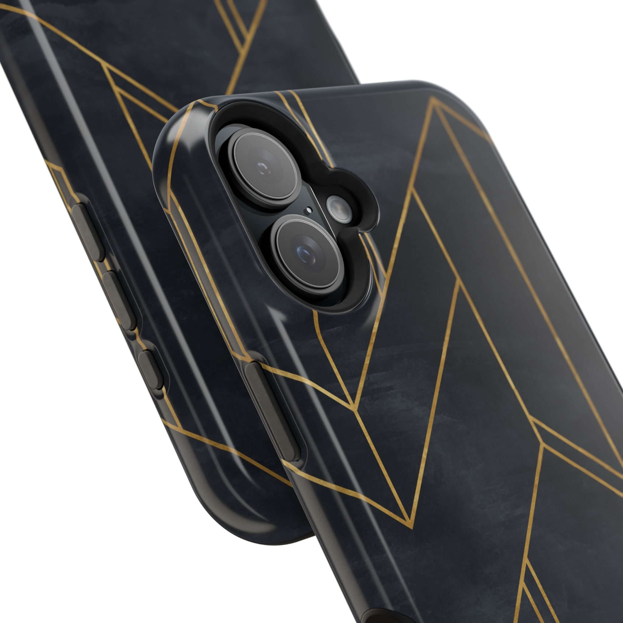 Modern geometric iPhone case with sleek black design and abstract gold lines, cute and colorful phone case for urban style lovers.