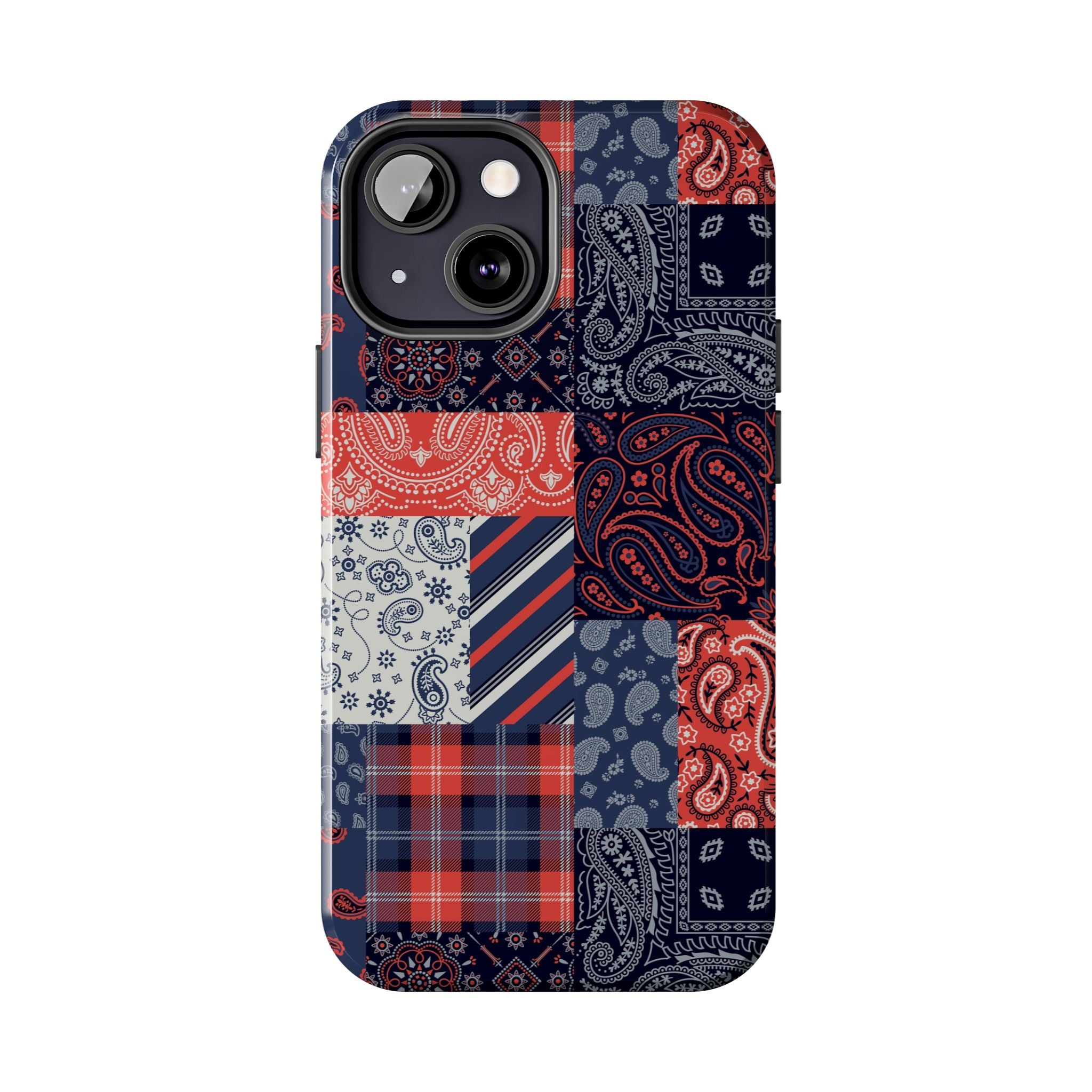 Boho Bandit Bandana Patchwork iPhone 14 Pro Case - Cute and Fashion-Forward Design with Red and Blue Patterns.