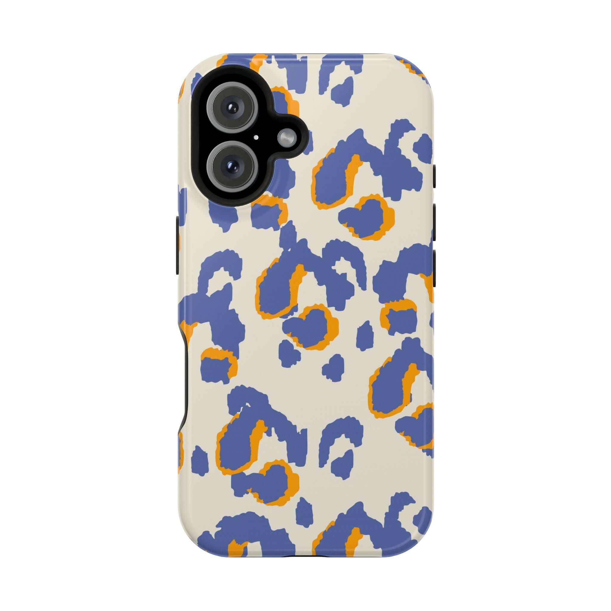 Blue leopard print MagSafe iPhone case with vibrant colors, perfect for a cute and abstract phone style.