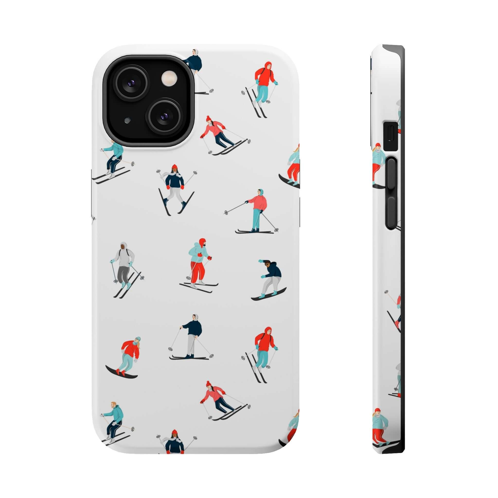 Cute phone cover featuring winter skiers, perfect for protecting your iPhone on snowy slopes.