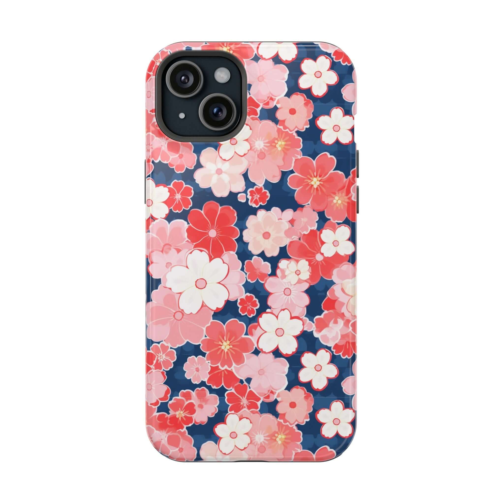 Pink floral iPhone 14 Pro Max case with colorful flower designs, perfect phone case for a stylish and protective look.