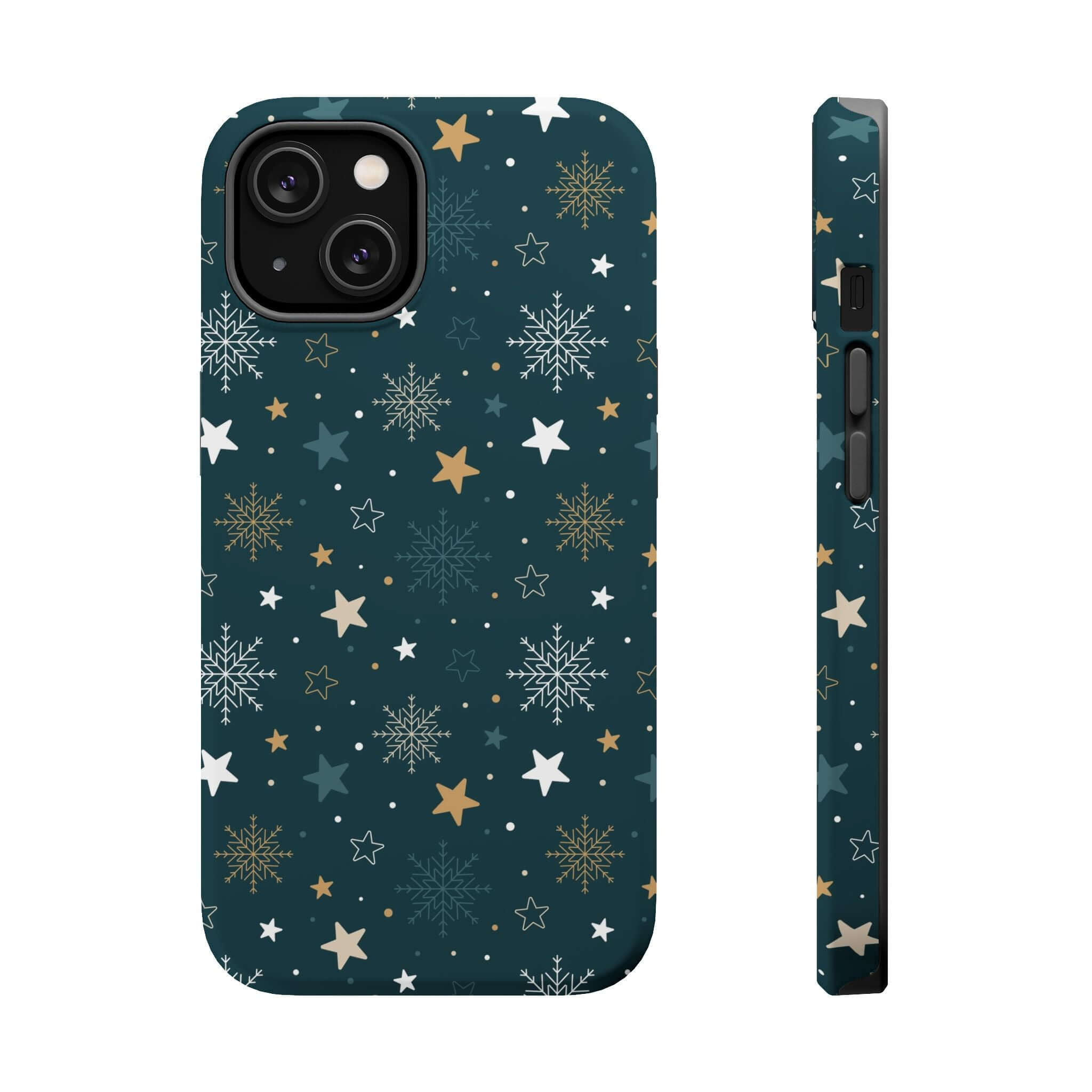 Christmas phone case with festive star and snowflake design, featuring MagSafe technology, perfect holiday accessory.