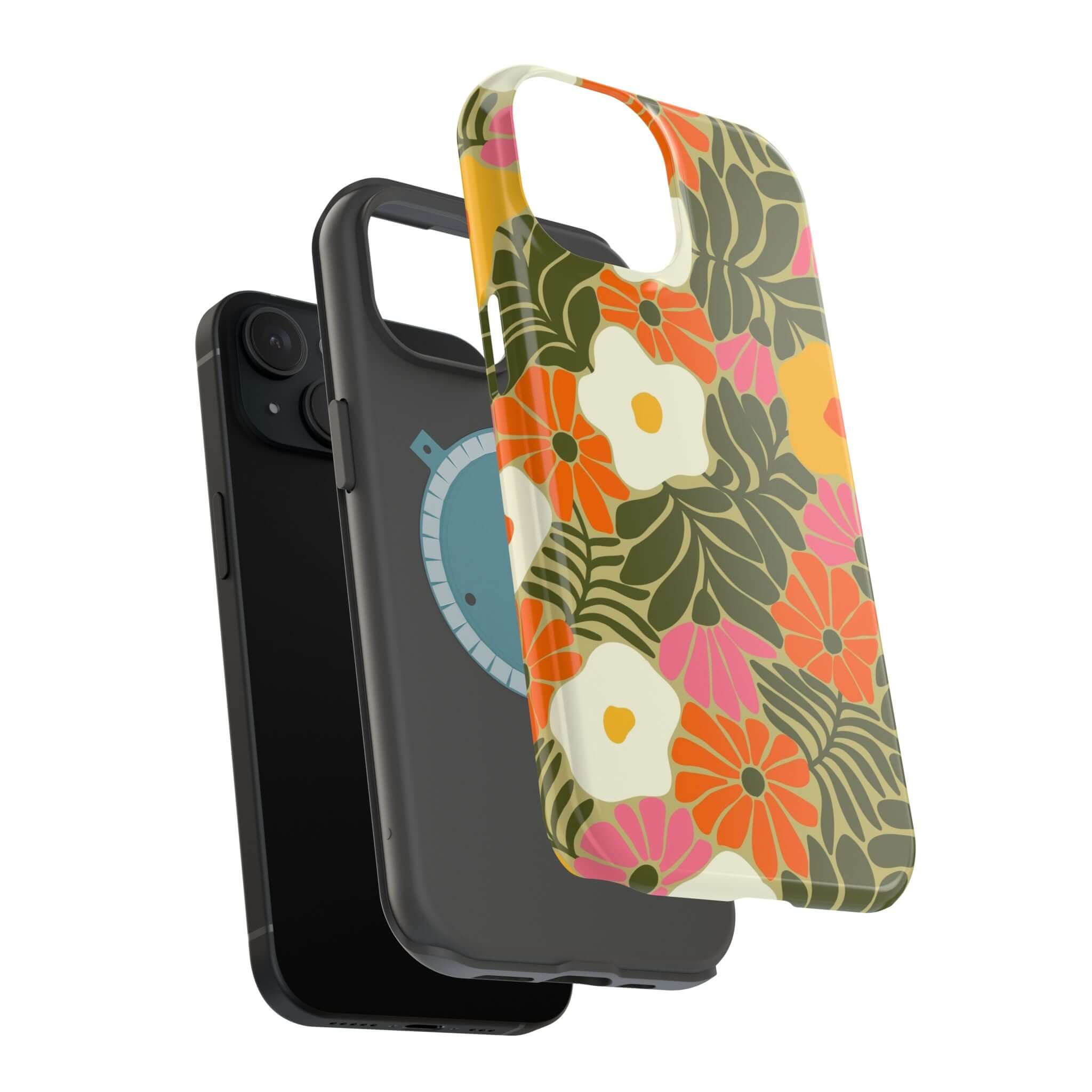 Colorful retro beach vibes iPhone case with floral design, showcasing a cute phone cover for Apple devices.