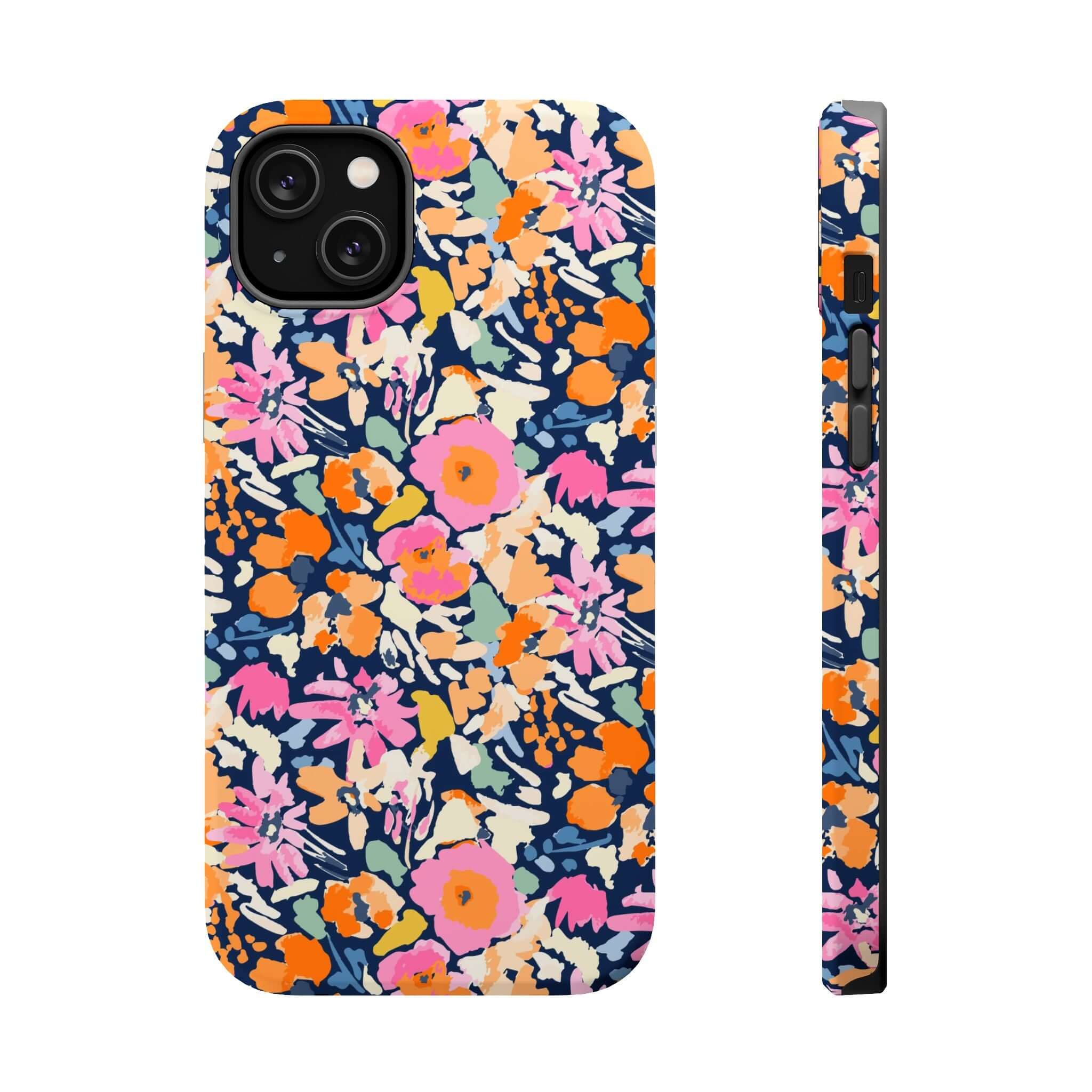 Botanic Burst colorful floral MagSafe iPhone 16 case with protective cute design and vibrant flowers displayed front and side view.