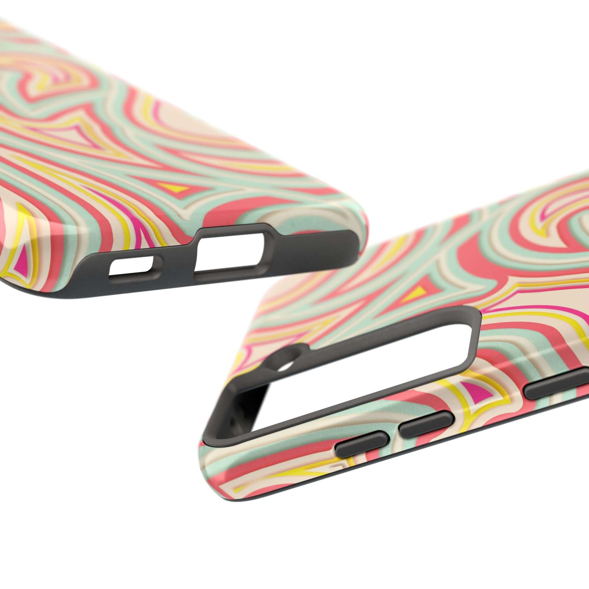 Retro Groovy Waves colorful phone case with abstract patterns, perfect for iPhone and Samsung phones, cute cover with flowers.