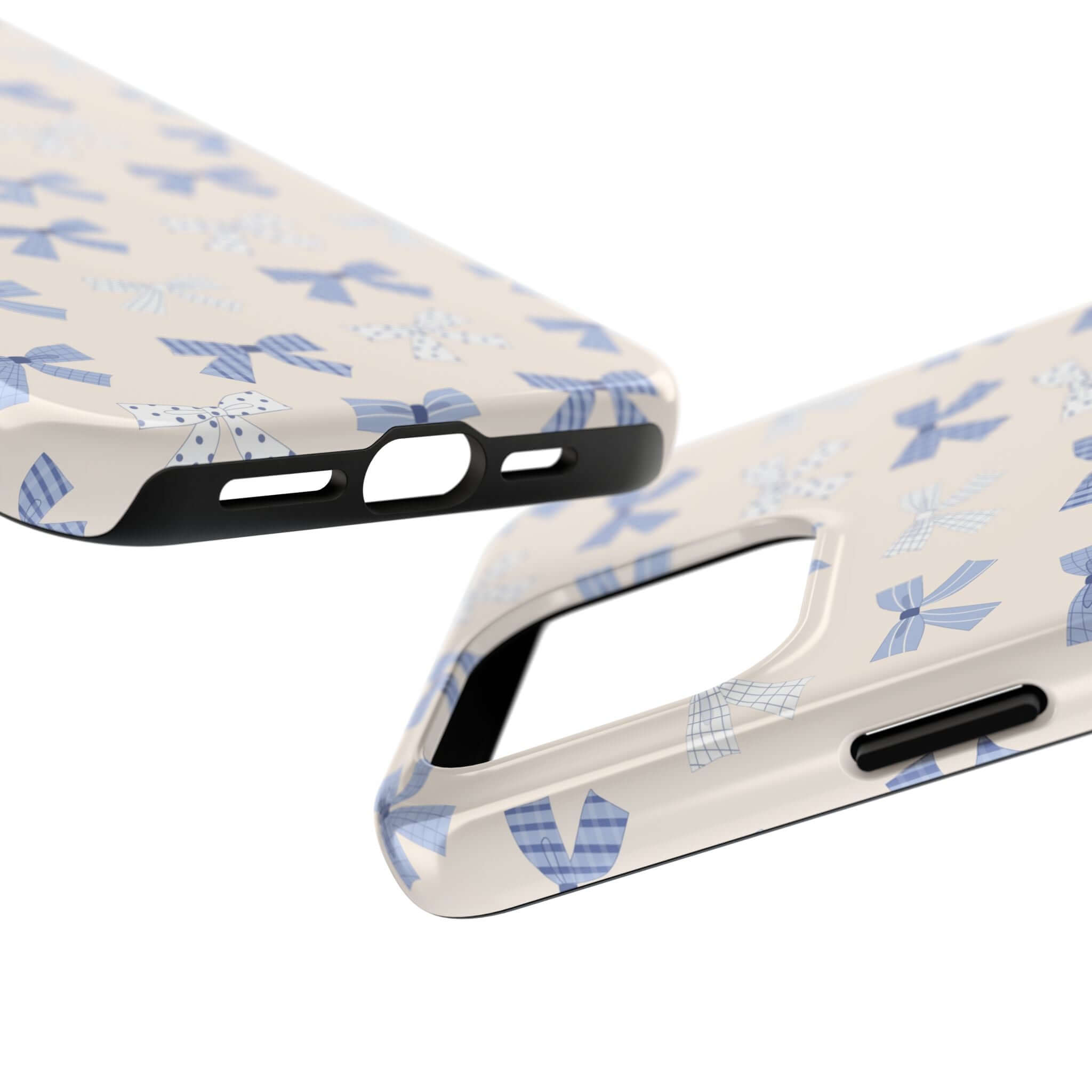 Cute phone case for iPhone 16 with blue bows, perfect for a bride-to-be, showcasing a playful and fun style.