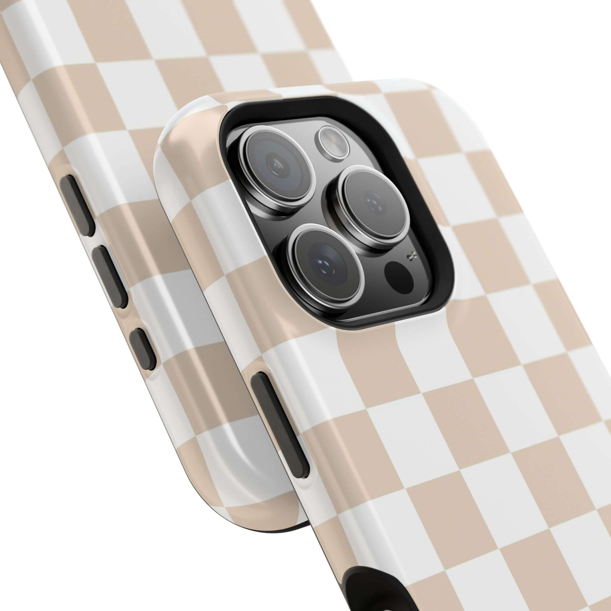 Cream Checkered MagSafe iPhone 16 Case - Cute Protective Phone Case in Beige Checkered Print.