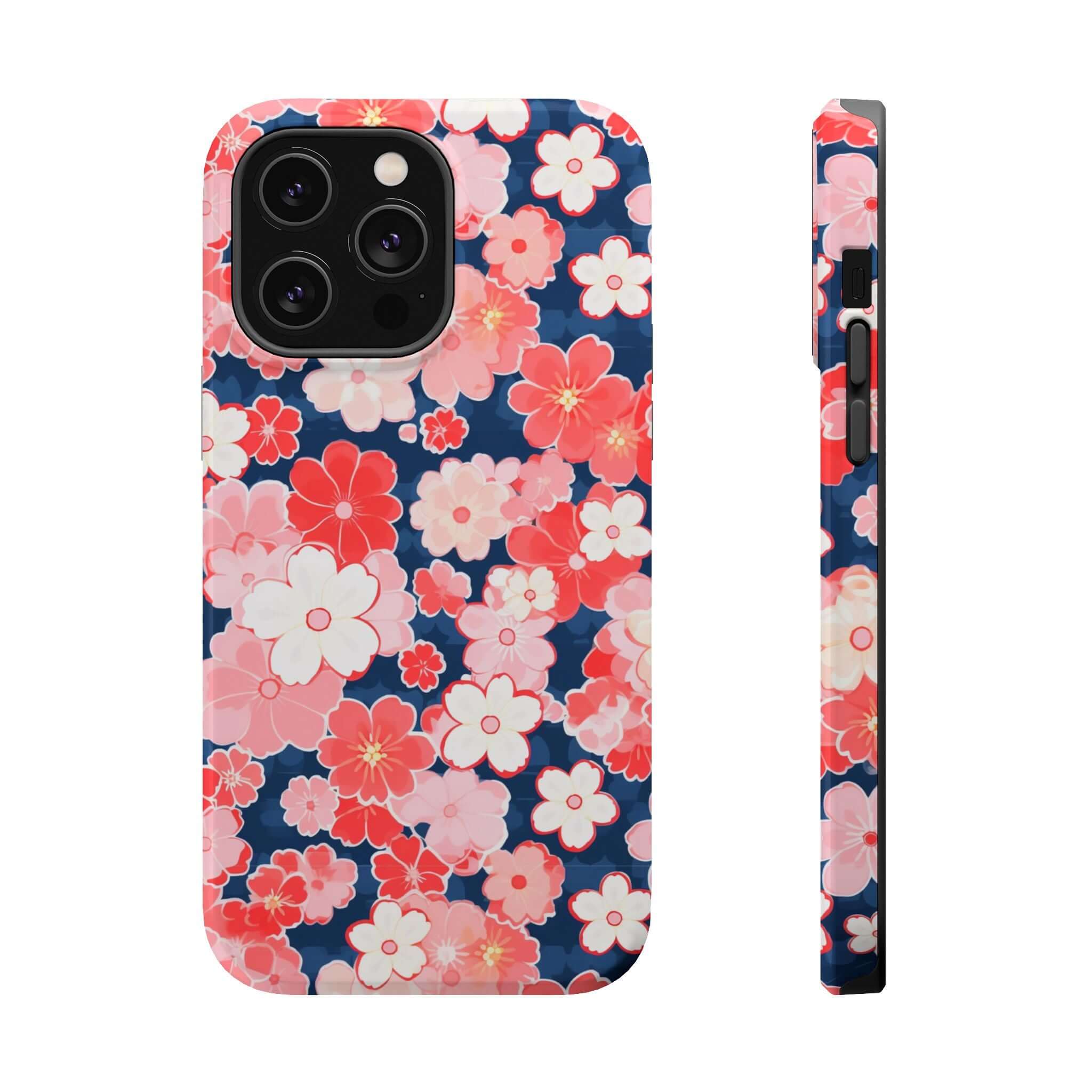 Pink floral iPhone 14 Pro Max case with side view, offering stylish protection for your phone. Free shipping included.