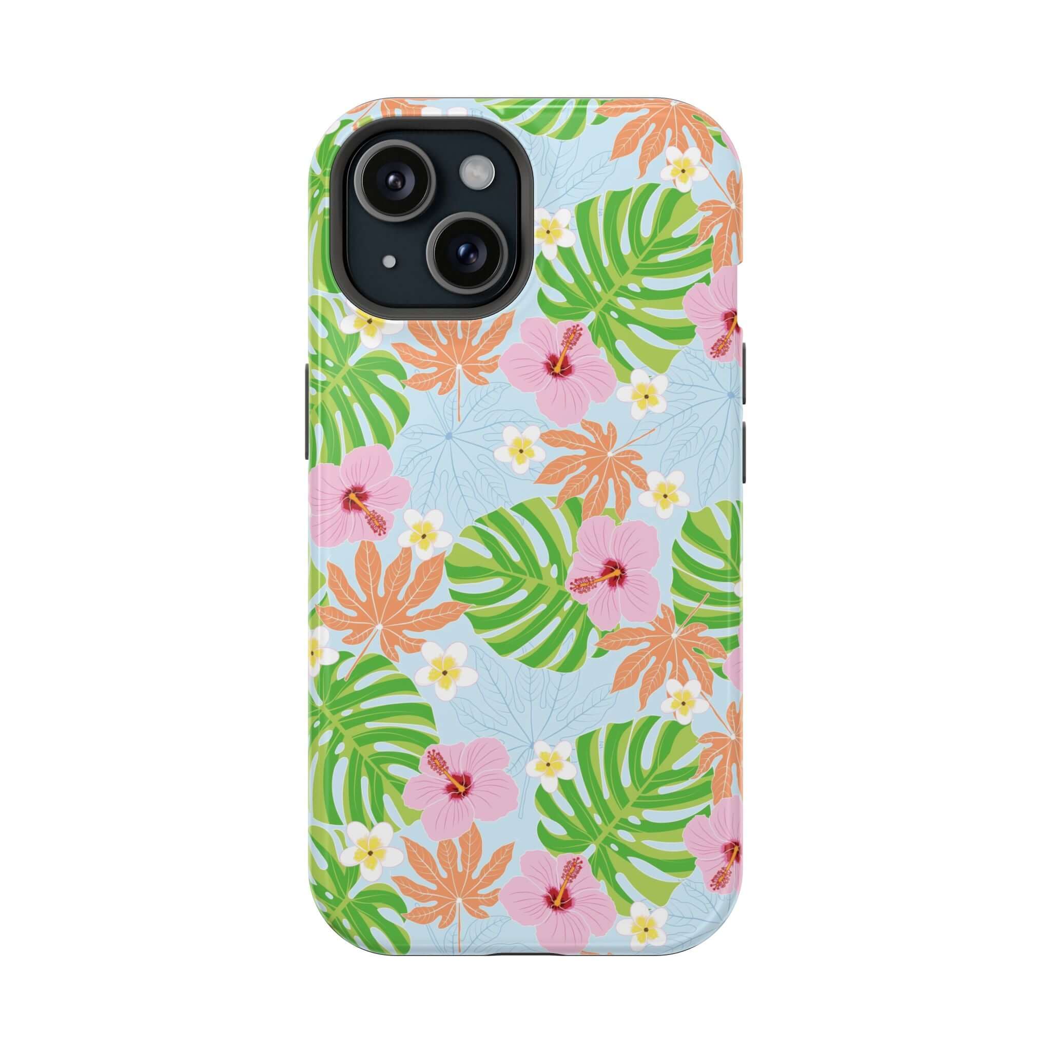 Island Hibiscus MagSafe iPhone 14 Pro case with colorful tropical floral design and green leaves, cute phone cover for protection.