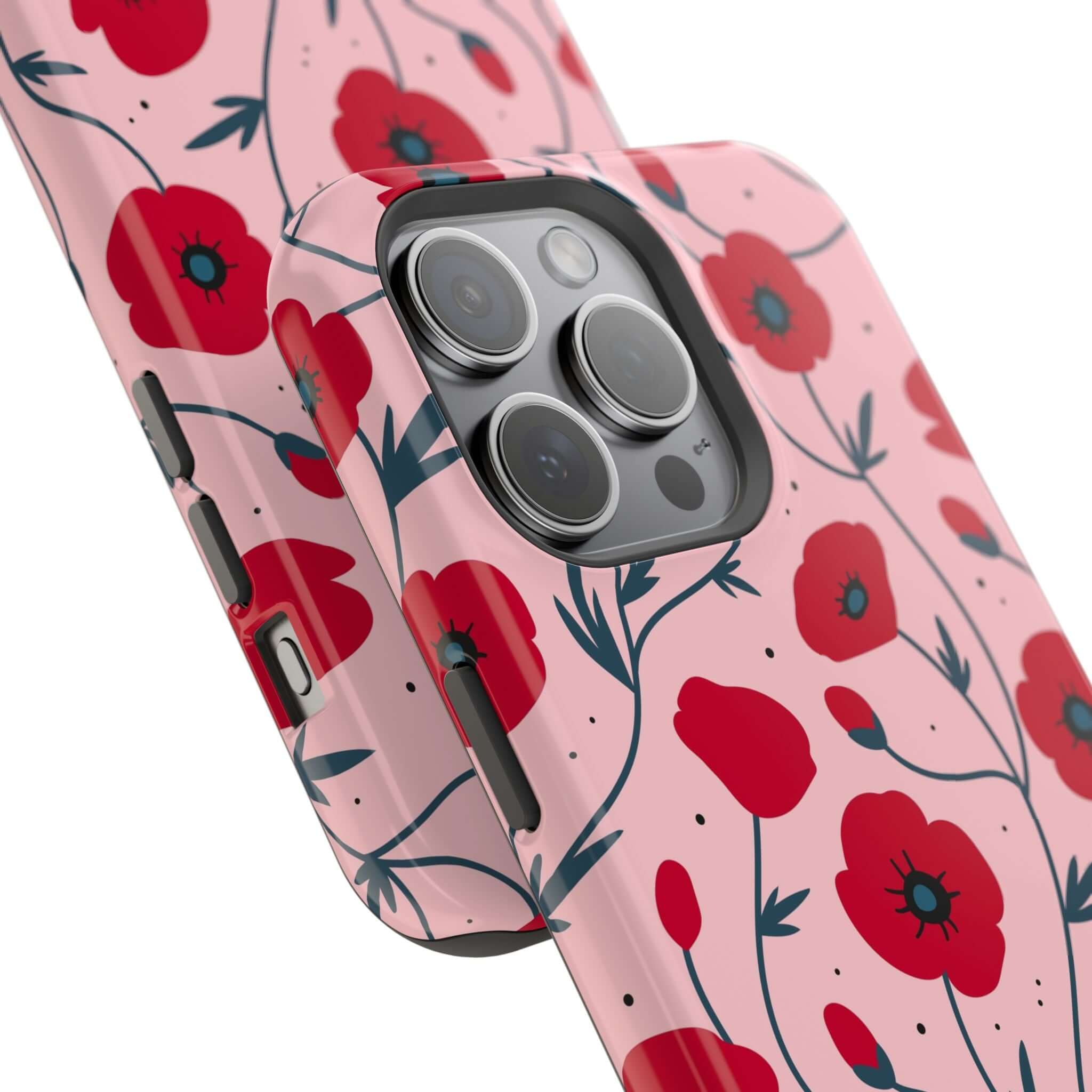 Floral iPhone case with pink and red poppy design by Pink n Poppy offering cute phone case brands with free shipping.