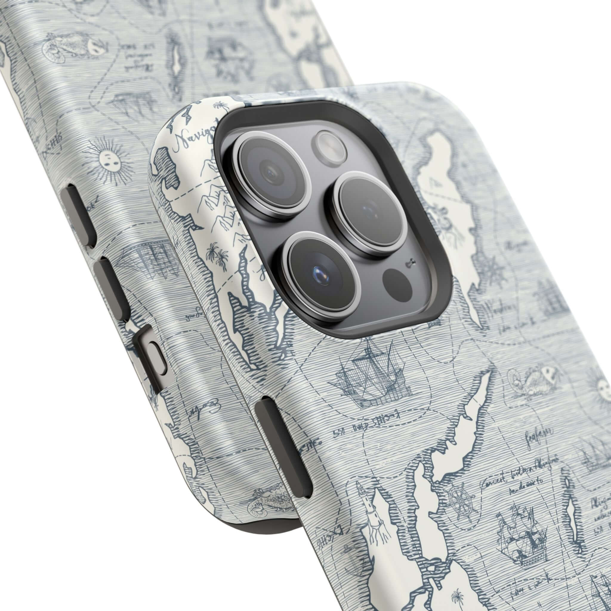 Close-up of iPhone 14 Pro Max in Pirates Passageway nautical map MagSafe phone case