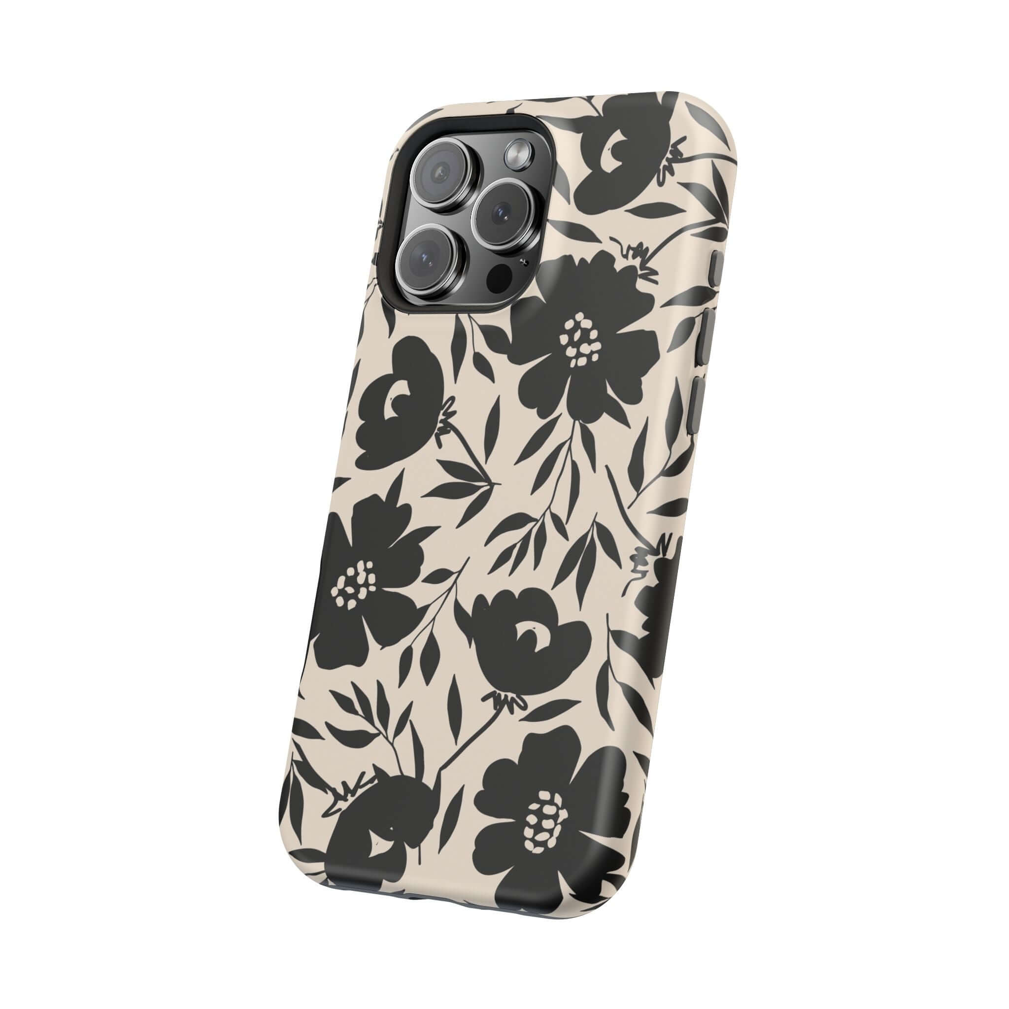 Eclipse Garden Black Floral iPhone Case, Cute Phone Case for iPhone 16 with bold black flowers on a sleek design.