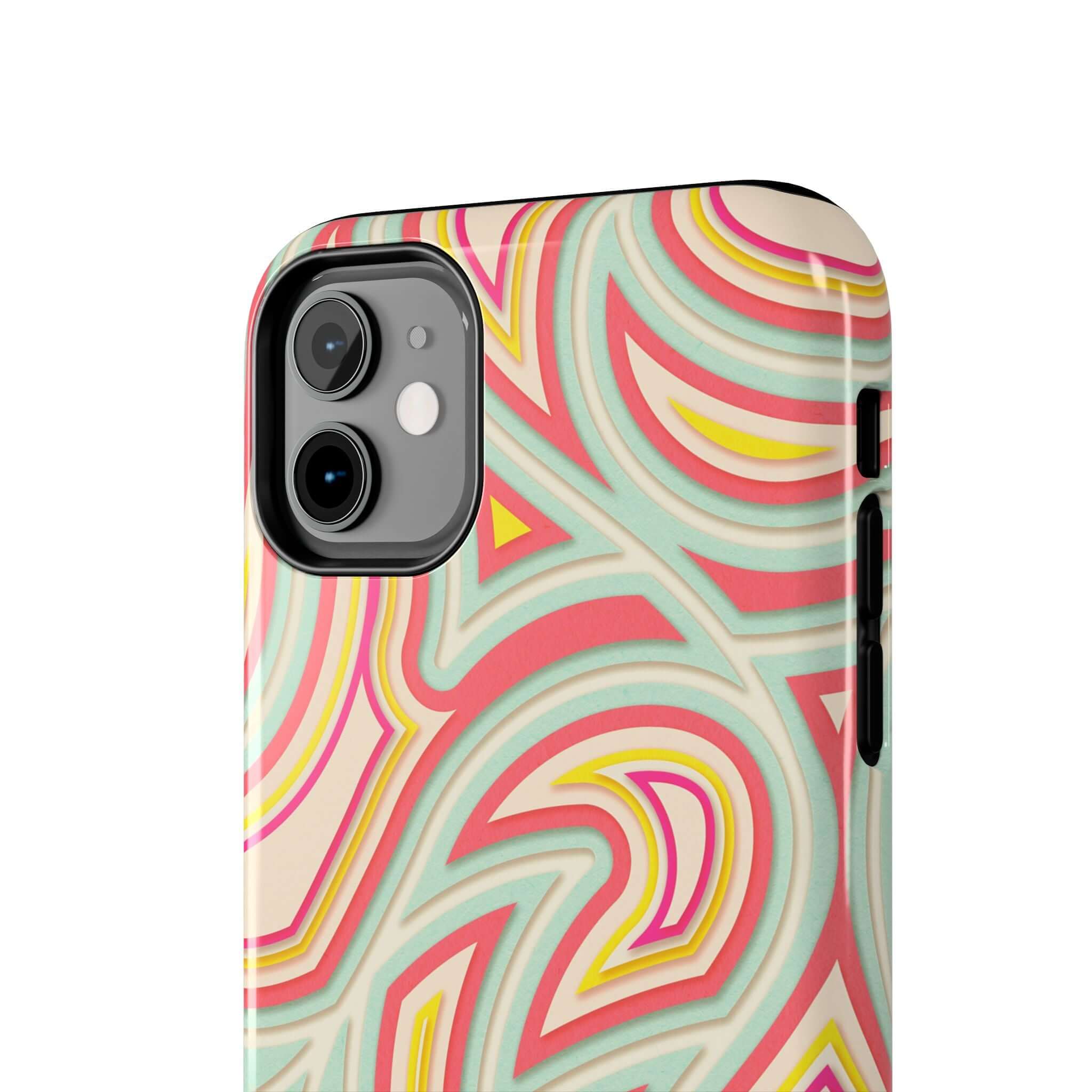 Groovy Waves Retro Abstract iPhone Case with colorful swirls, a cute phone cover with vibrant retro designs and flower patterns