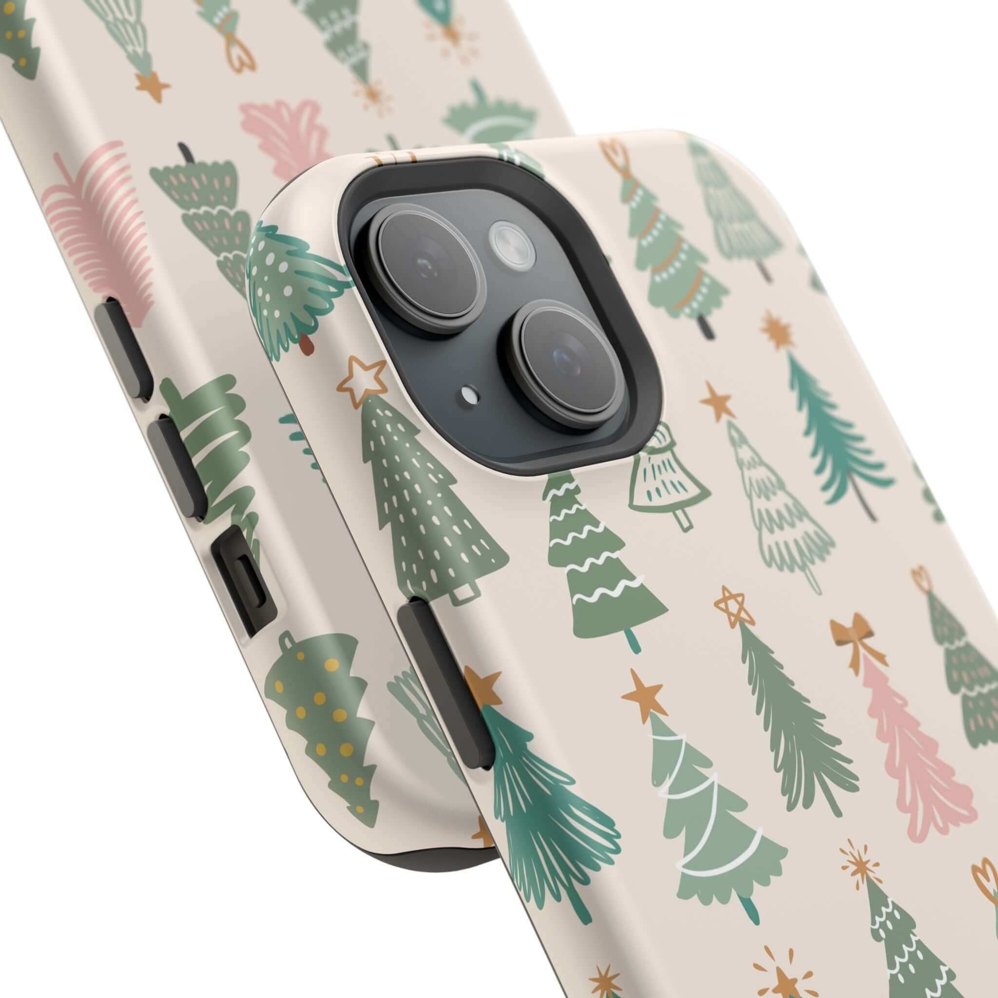 Festive holiday MagSafe phone case with Christmas tree design, perfect for a cute and protective xmas phone cover.